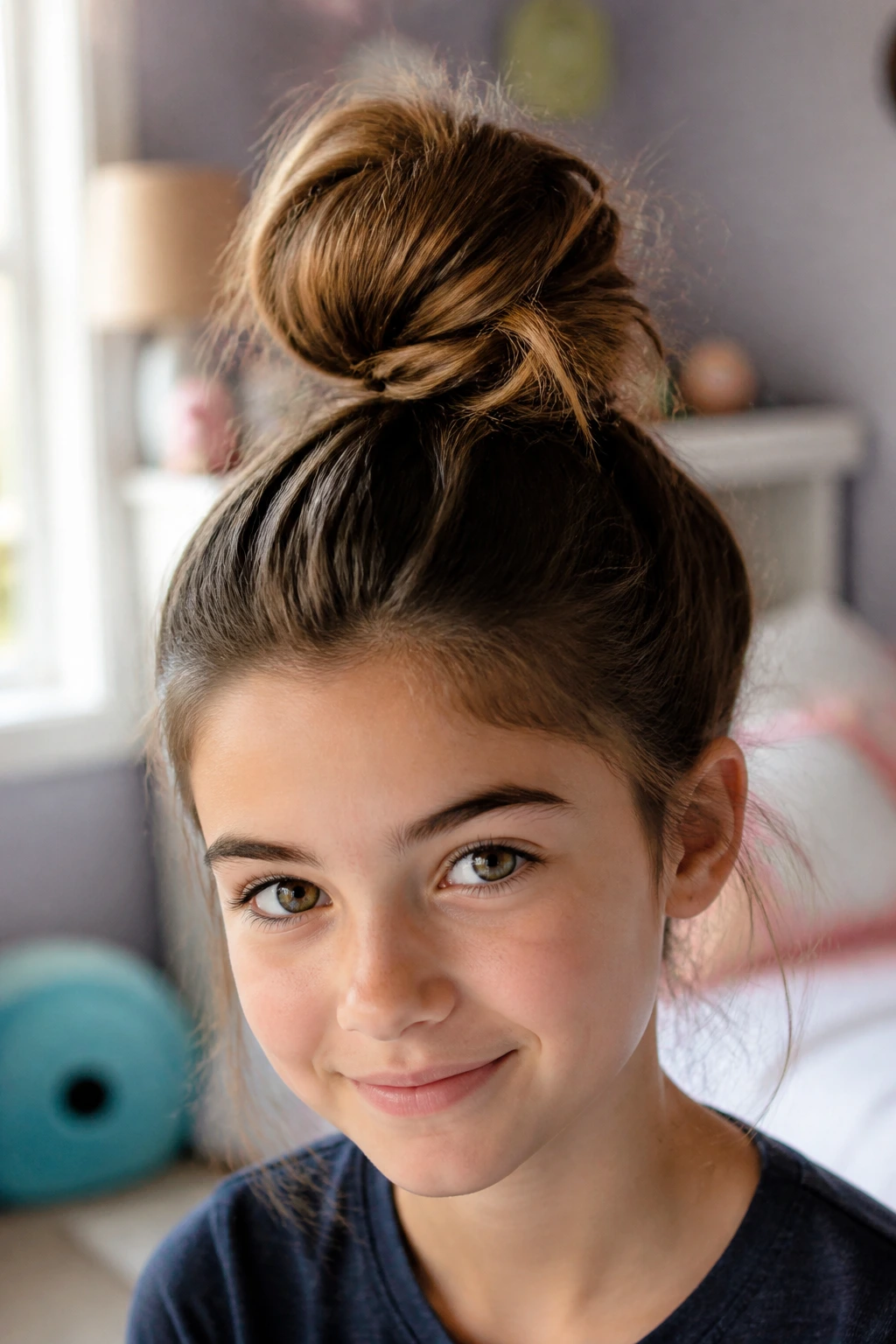 Close-up of a real girl with a high messy bun in soft morning light