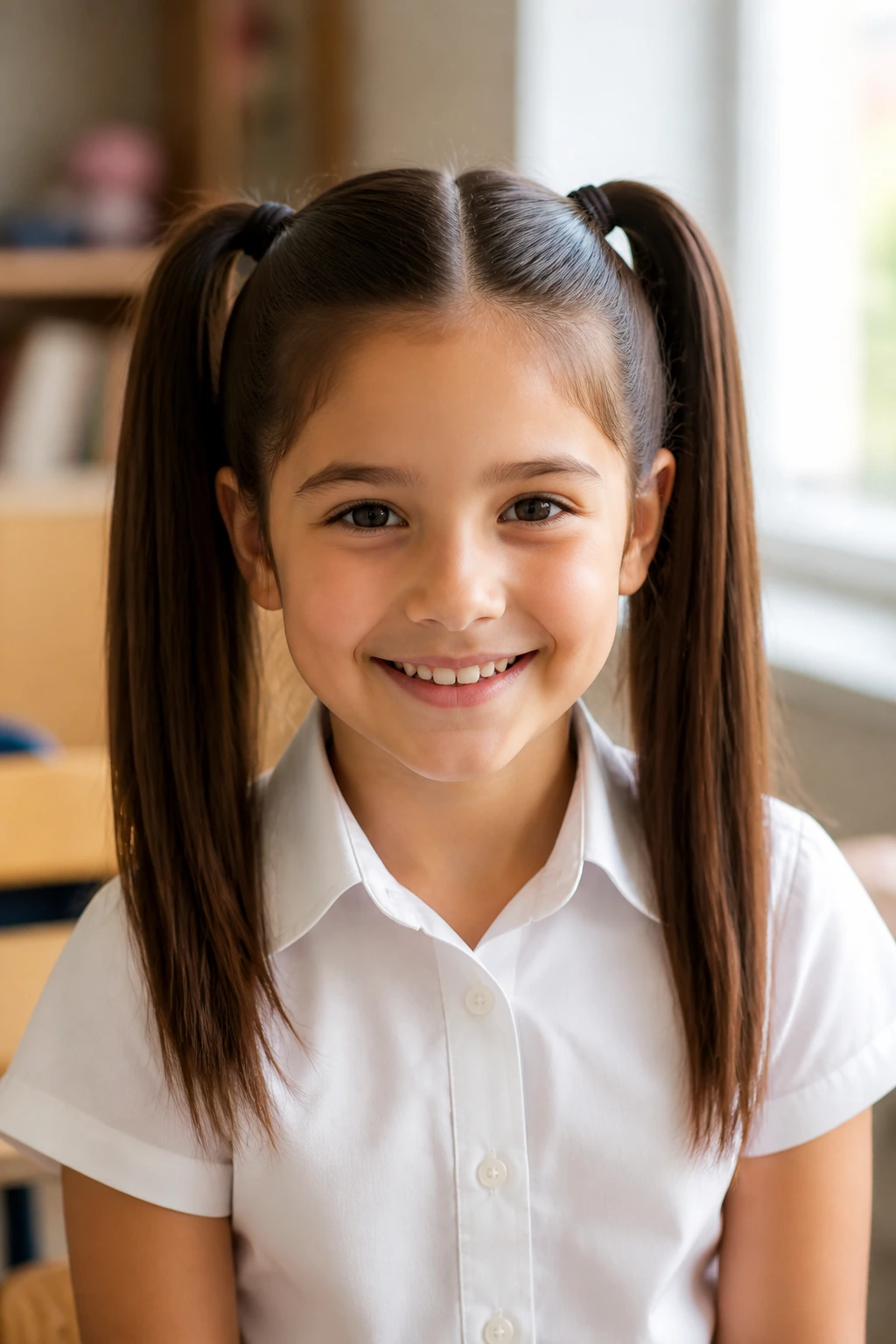 Portrait of a real girl with symmetrical high pigtails in natural light.