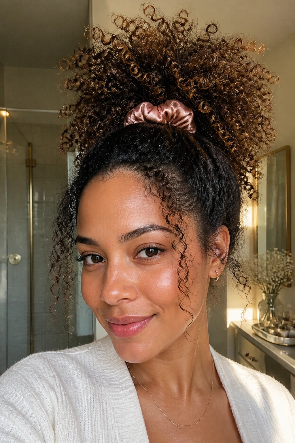 Close-up of a woman with a high pineapple ponytail in warm, natural light