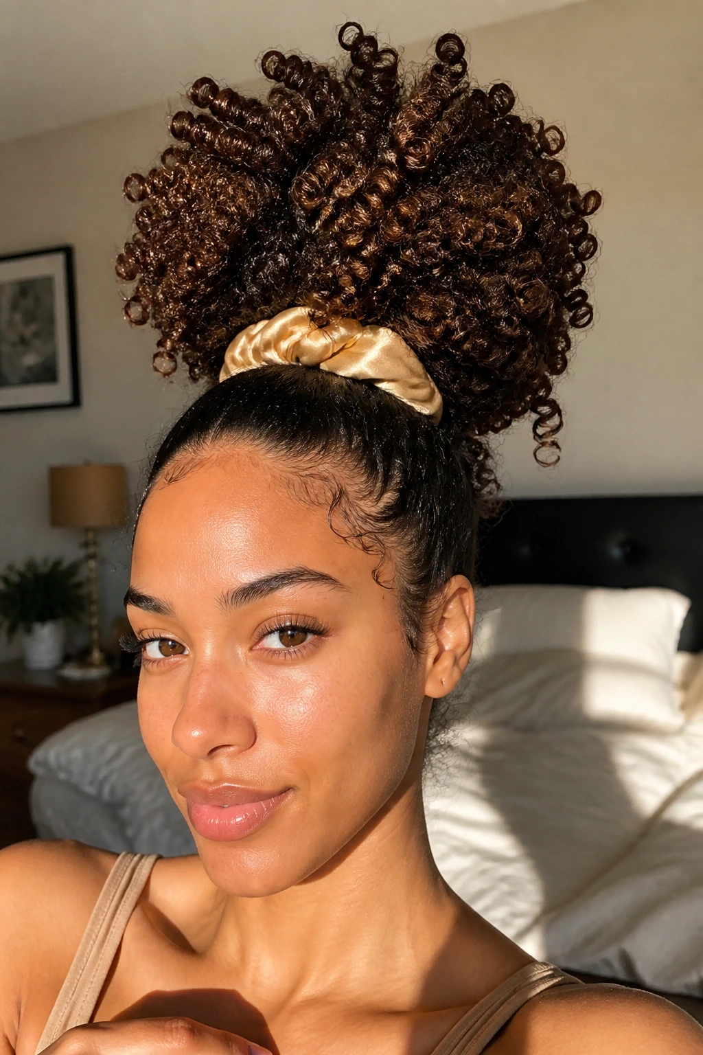 Close-up of a real woman with a high pineapple puff hairstyle