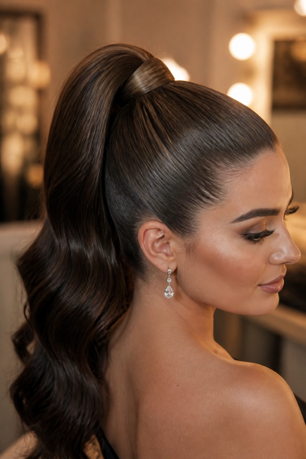 Close-up of a real woman with a high polished ponytail