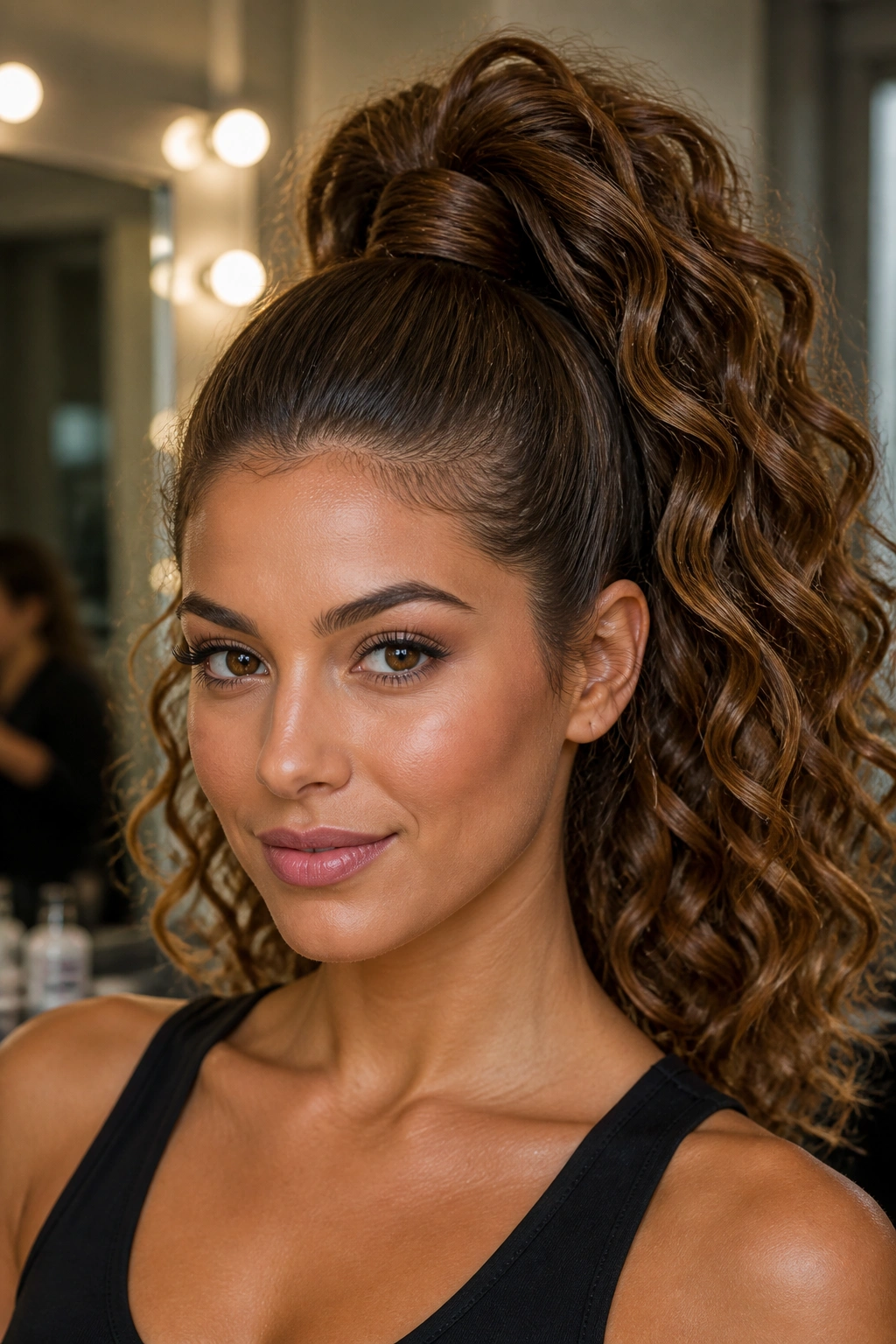 Close-up of a real woman with a high pony and big curls in a chic dressing room