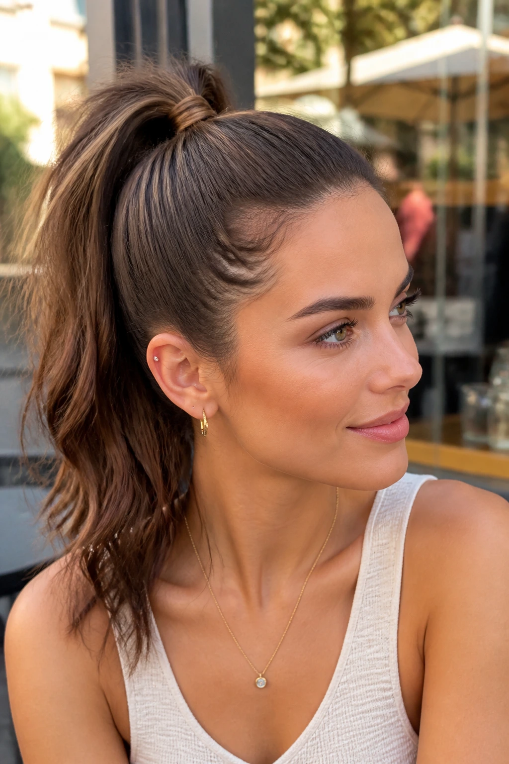 Woman with a high ponytail at the crown, wrapped elastic detail