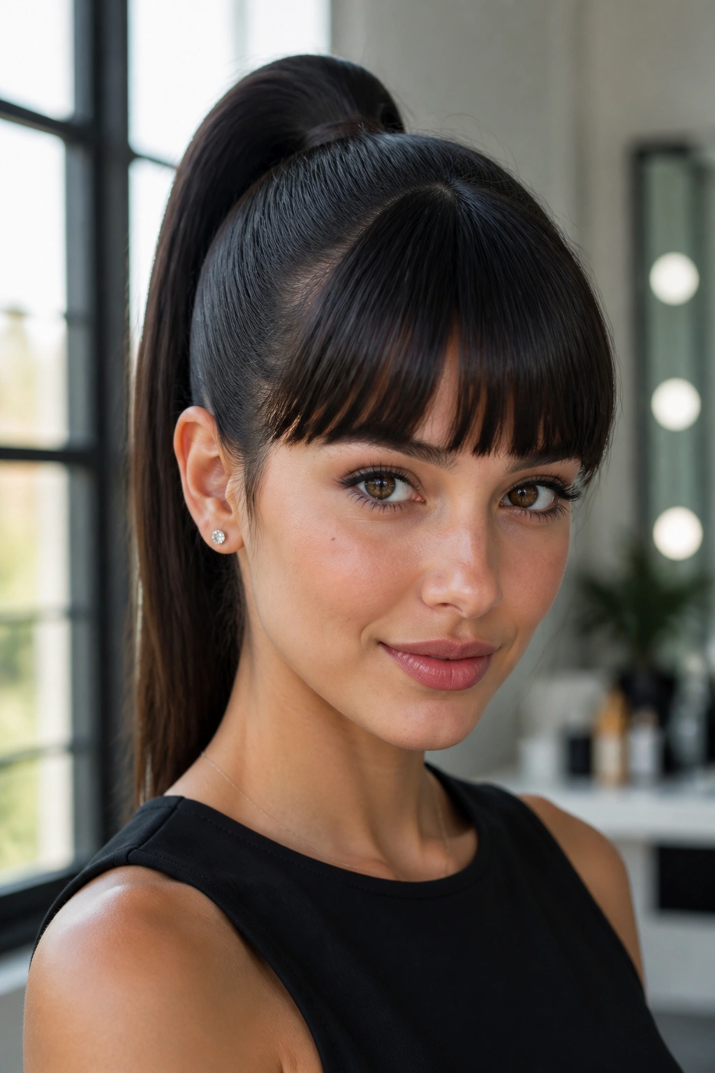 Portrait of a woman with a sleek high ponytail and blunt bangs in natural light