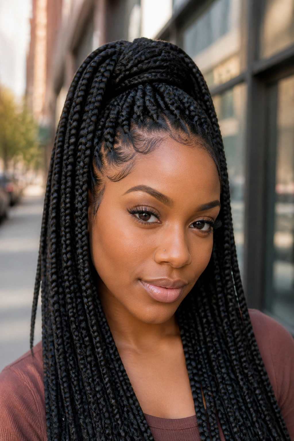 Close-up of a real woman with high ponytail box braids in an urban setting