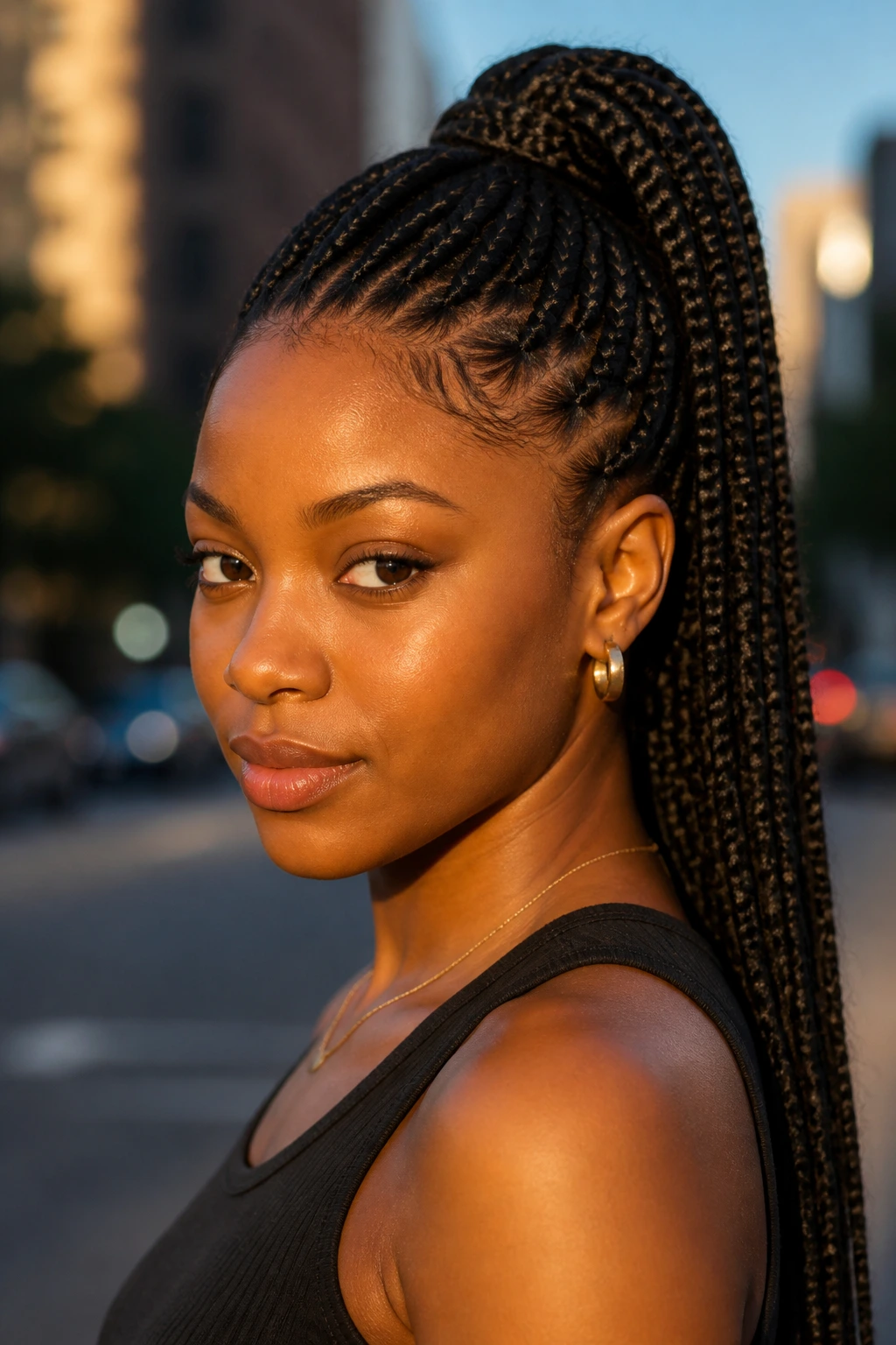 Close-up of a real woman with a high ponytail box braids in golden hour light