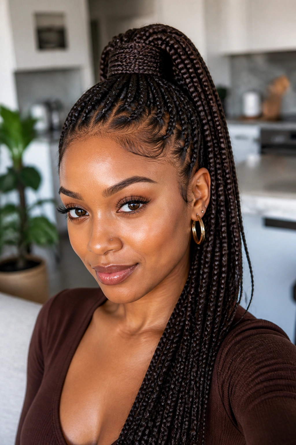 Close-up of a woman with high ponytail box braids