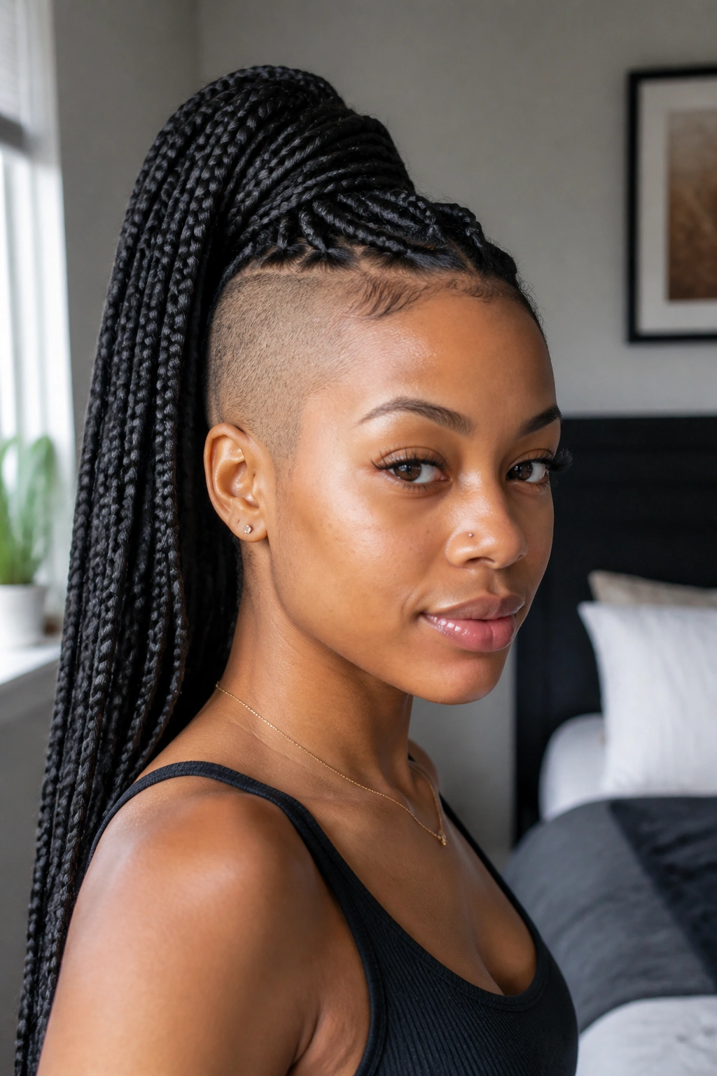 Close-up portrait of a woman with a high ponytail, box braids, shaved sides.