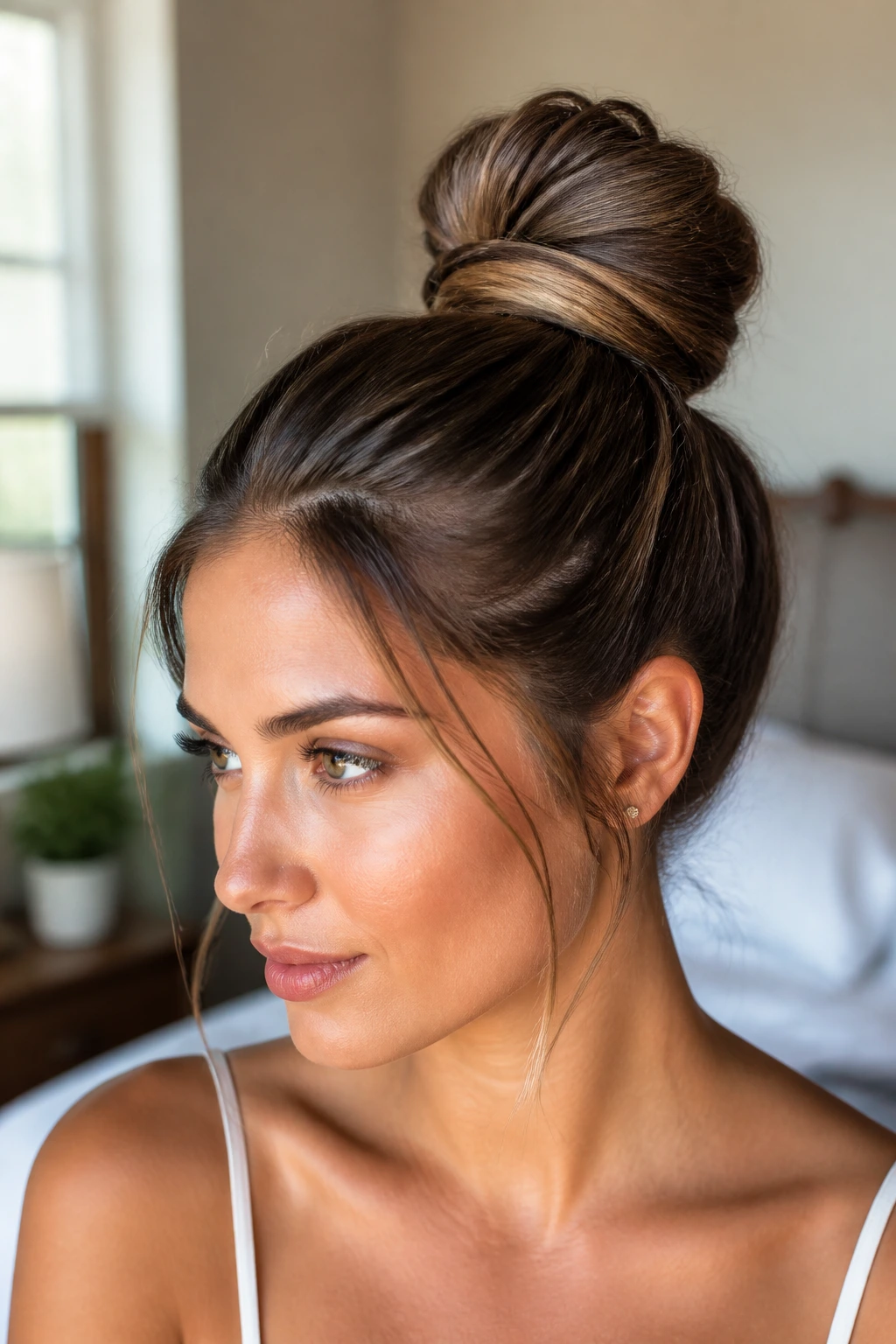 Close-up portrait of a real woman with wrapped high ponytail bun.