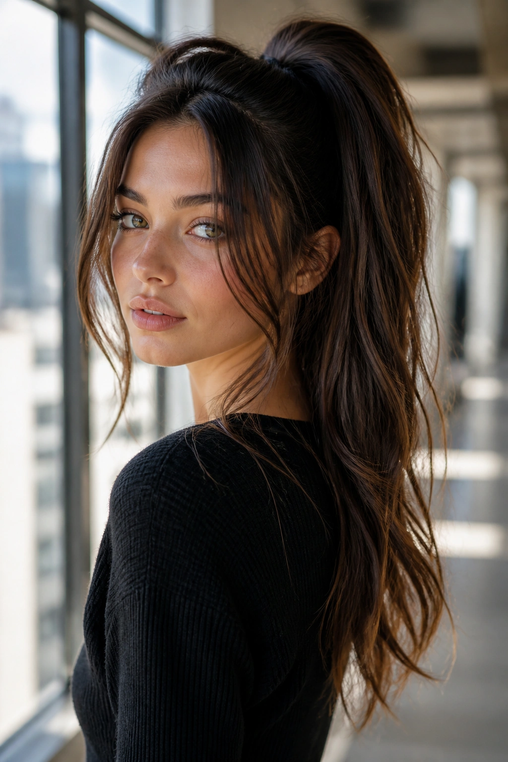 Three-quarter view of real woman with high ponytail butterfly cut