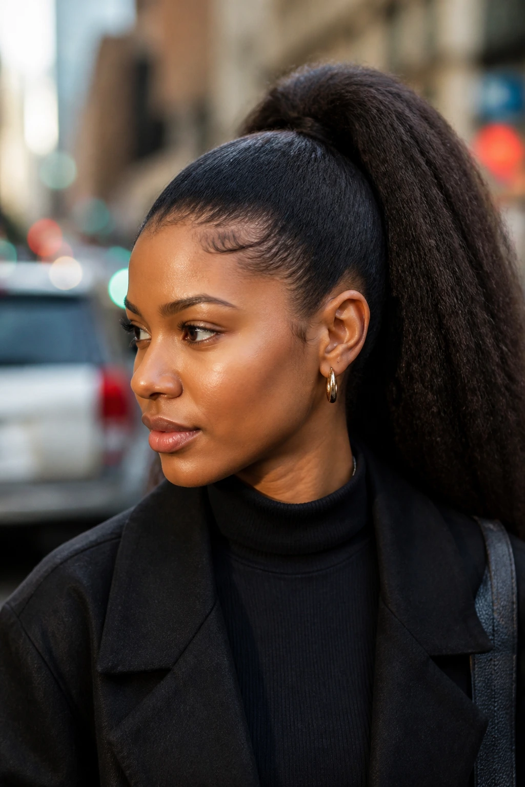 Portrait of a woman with a strong high ponytail