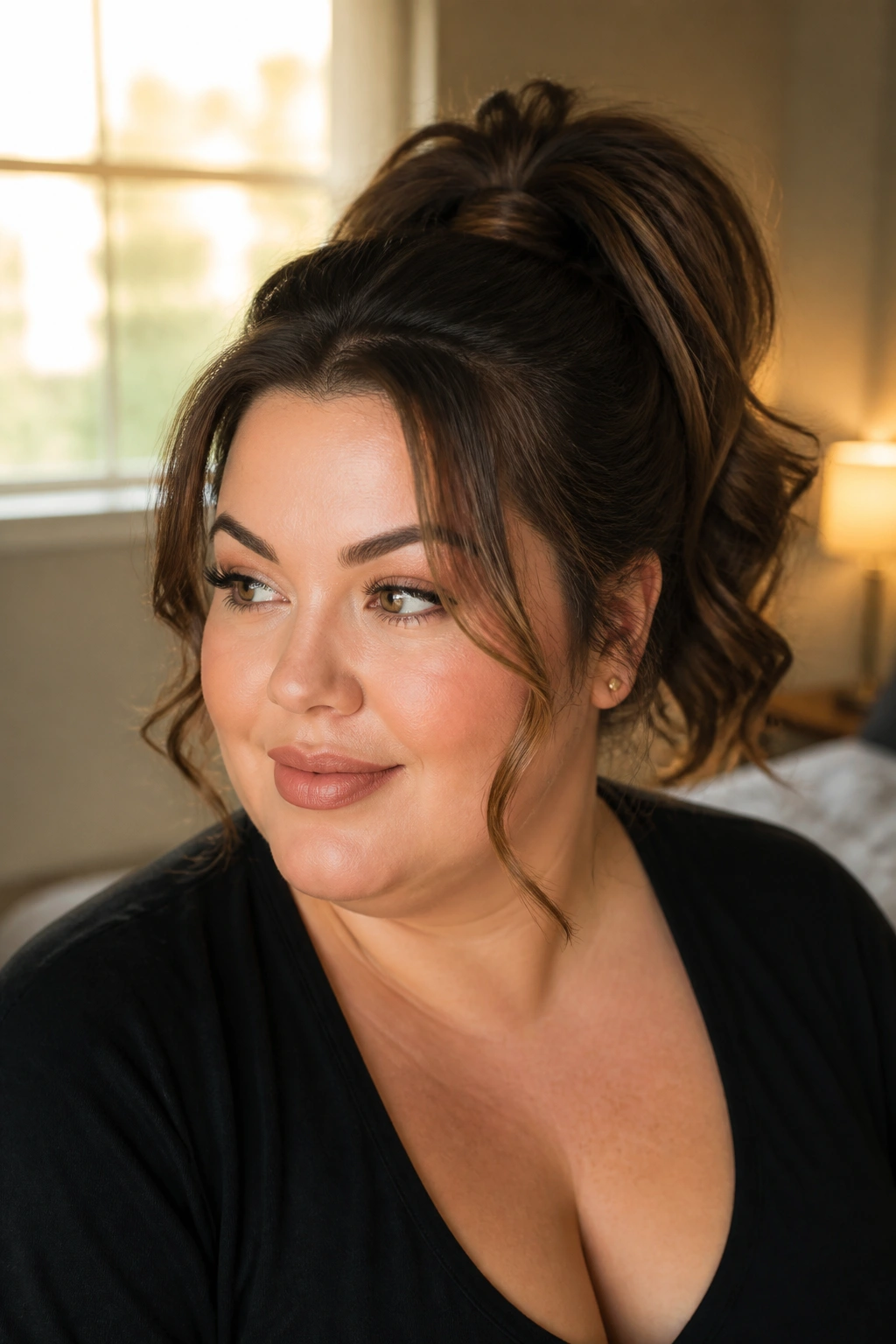 Close-up of a real woman with a high ponytail crown lift under warm window light