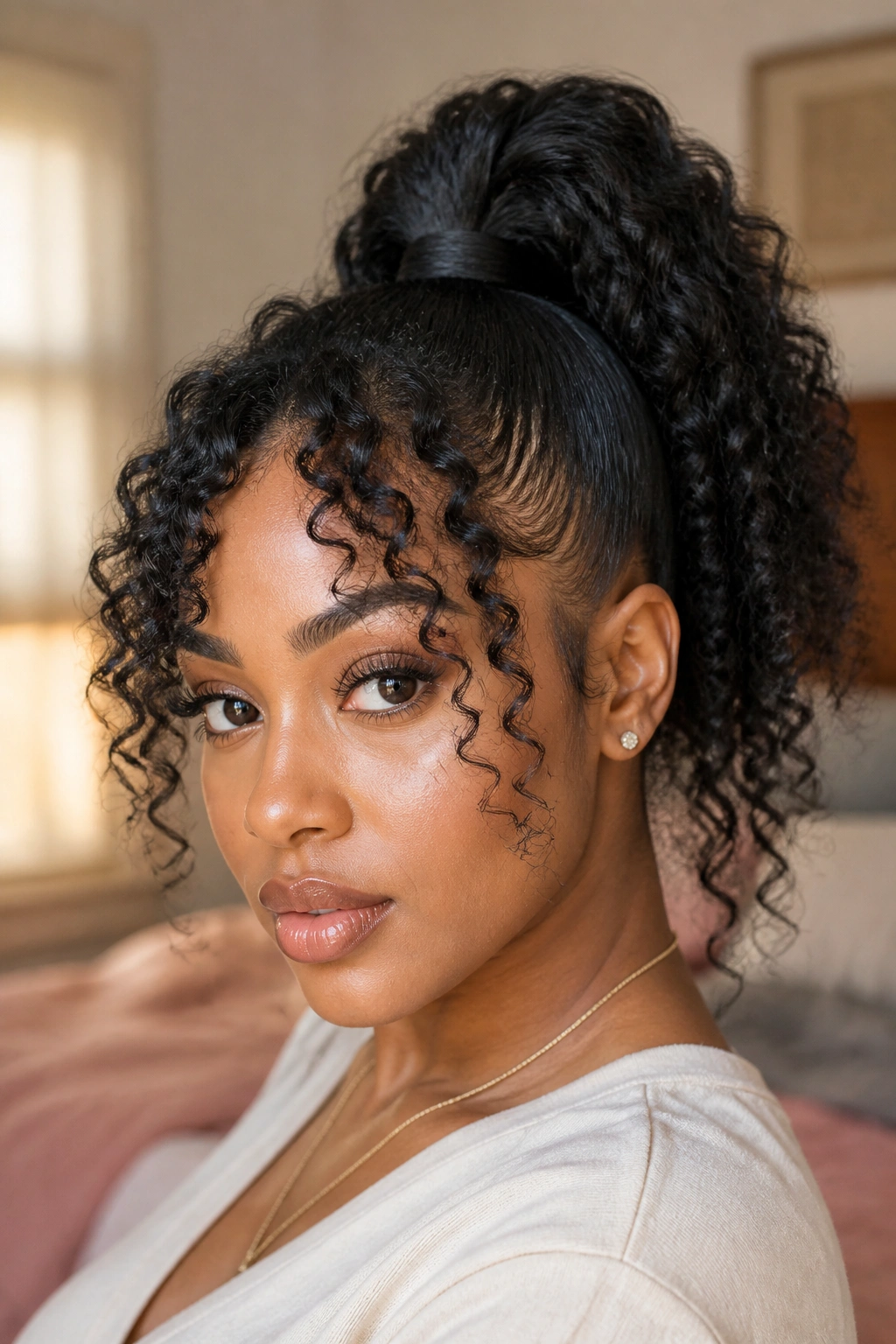 Close-up of a real woman with a high ponytail and curly bangs, natural makeup