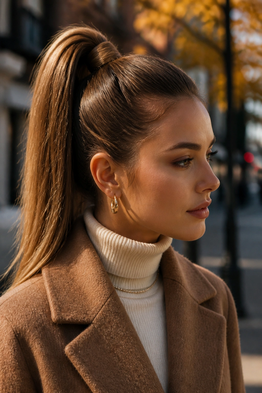 Close-up of high ponytail at crown on real woman, fall lighting