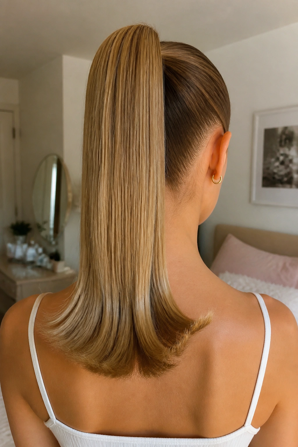 Back view of a real person with a high ponytail and flipped-out ends.