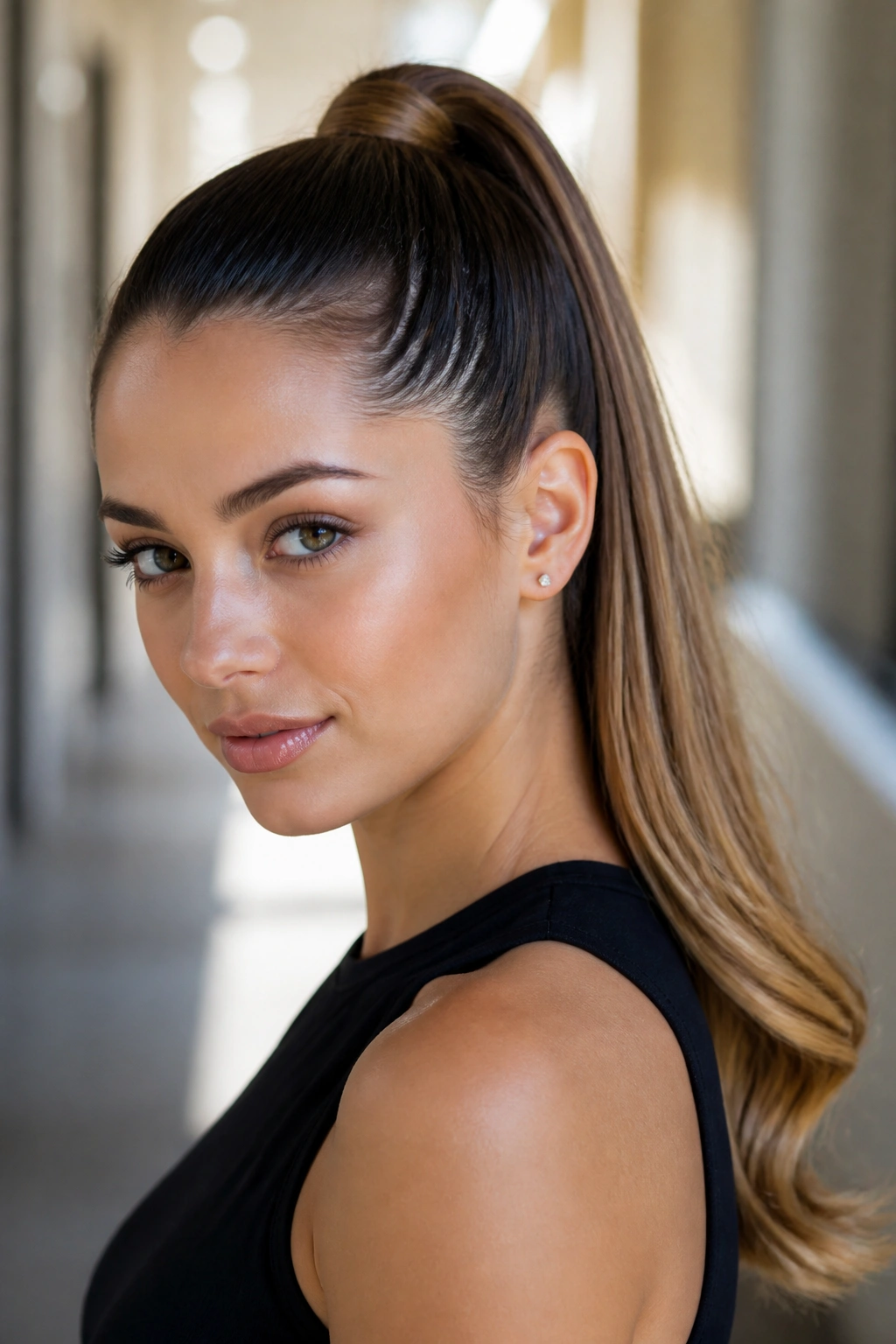 Portrait of a woman with a high ponytail near the crown in bright light