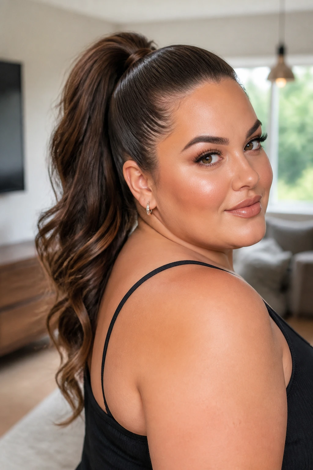 Close-up portrait of a real woman with a high ponytail in bright modern room