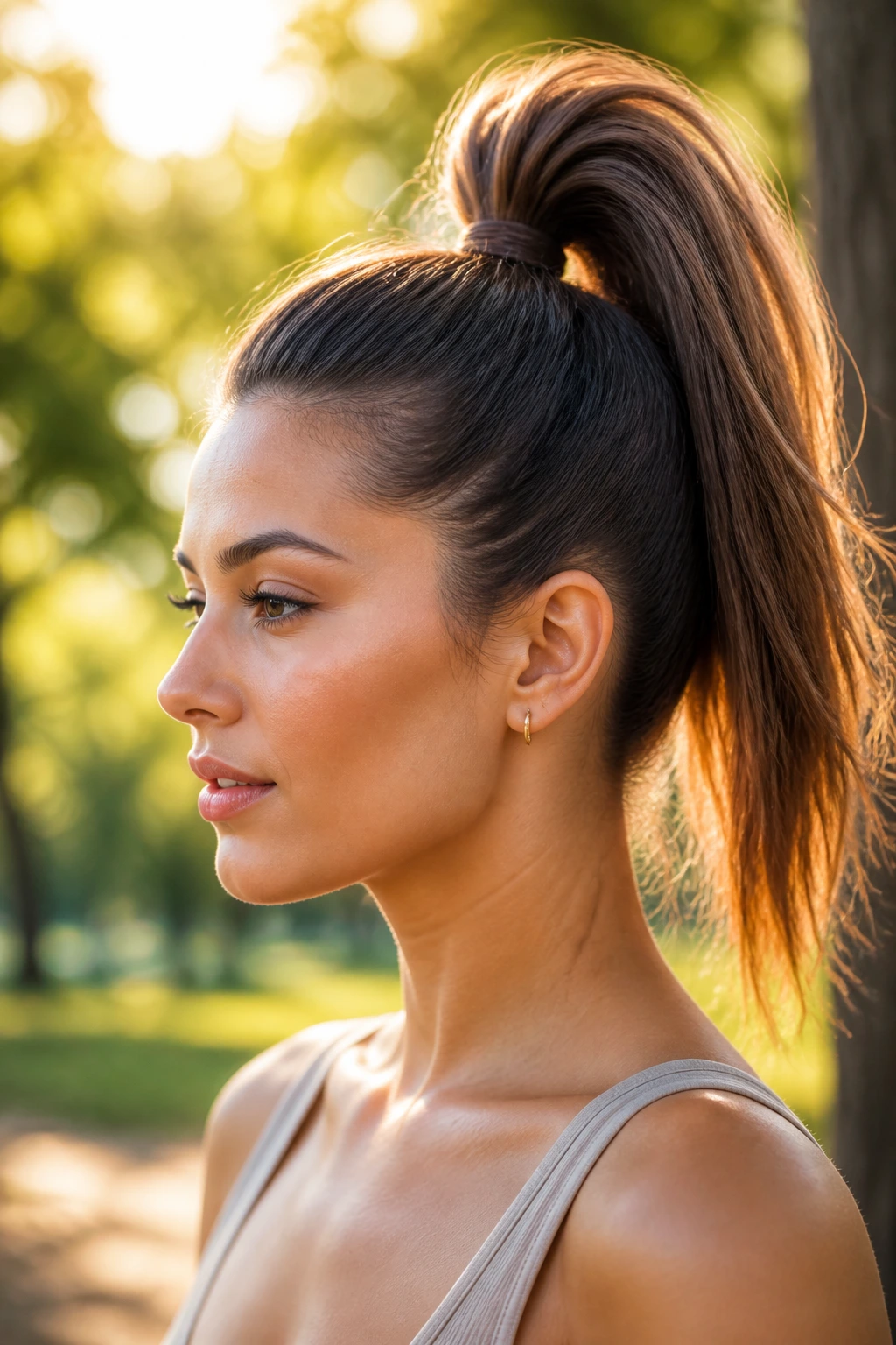 Portrait of a real person with a high ponytail in golden hour outdoor light
