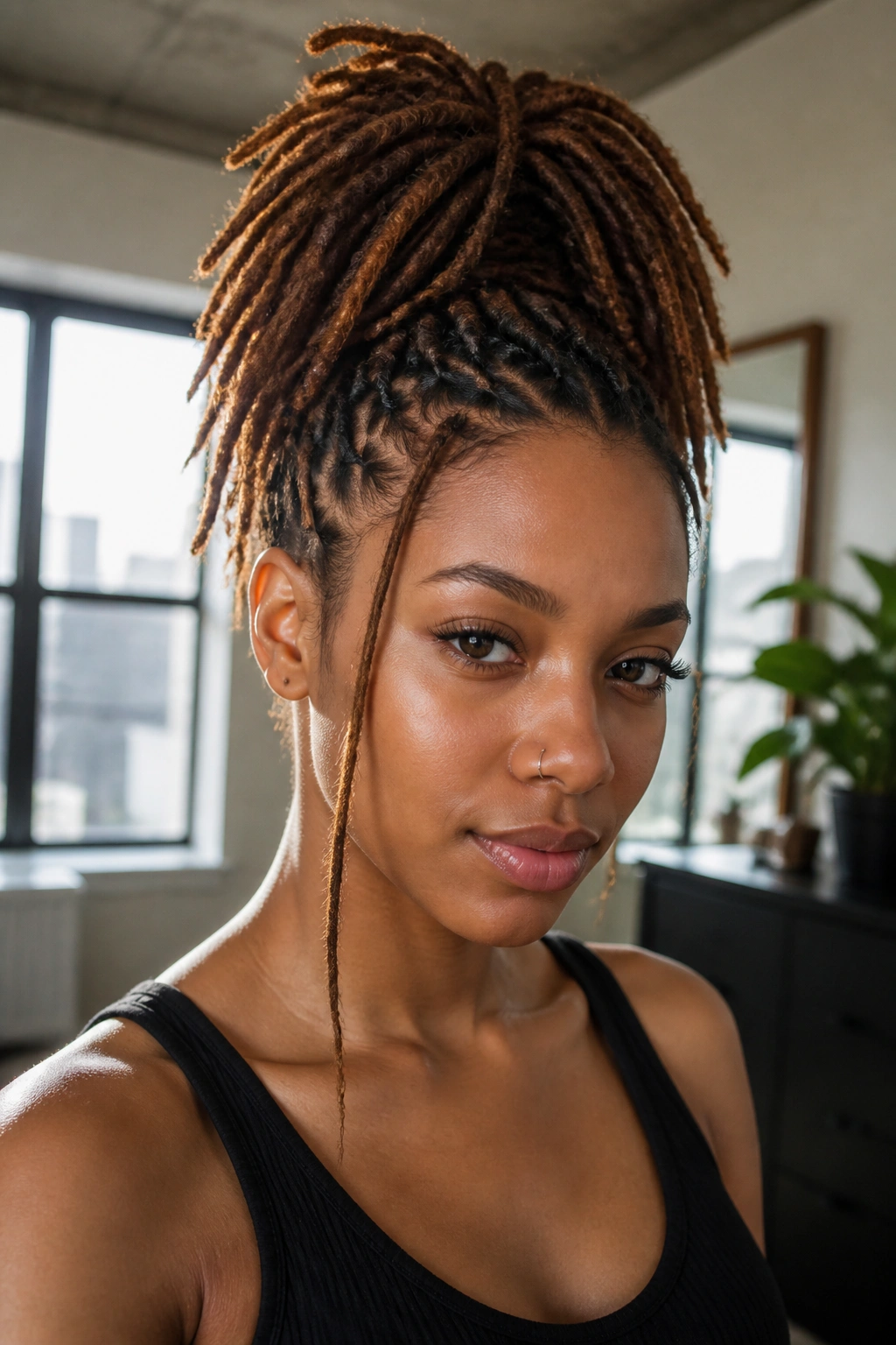 Real woman with a high ponytail above the crown