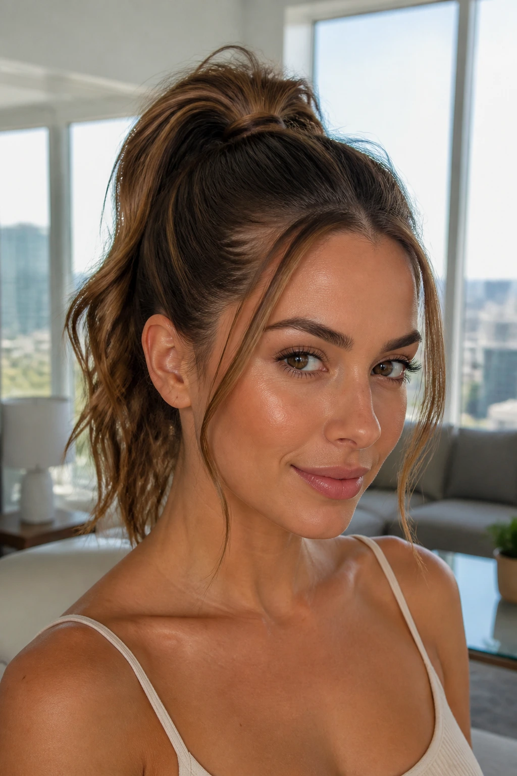 Real woman with a high ponytail and loose face-framing pieces.