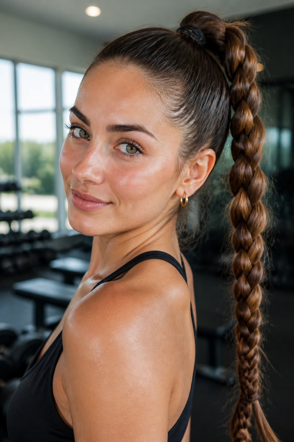 Close-up of a real woman with a high braided ponytail.