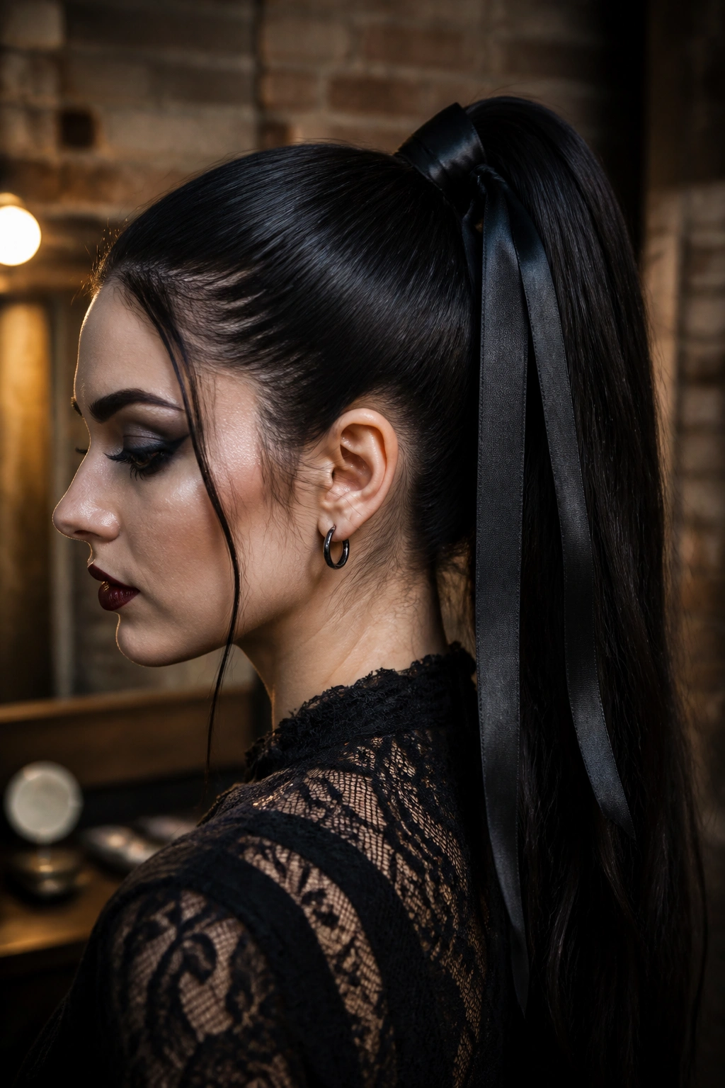Close-up of a real woman with a high ponytail and black satin ribbon