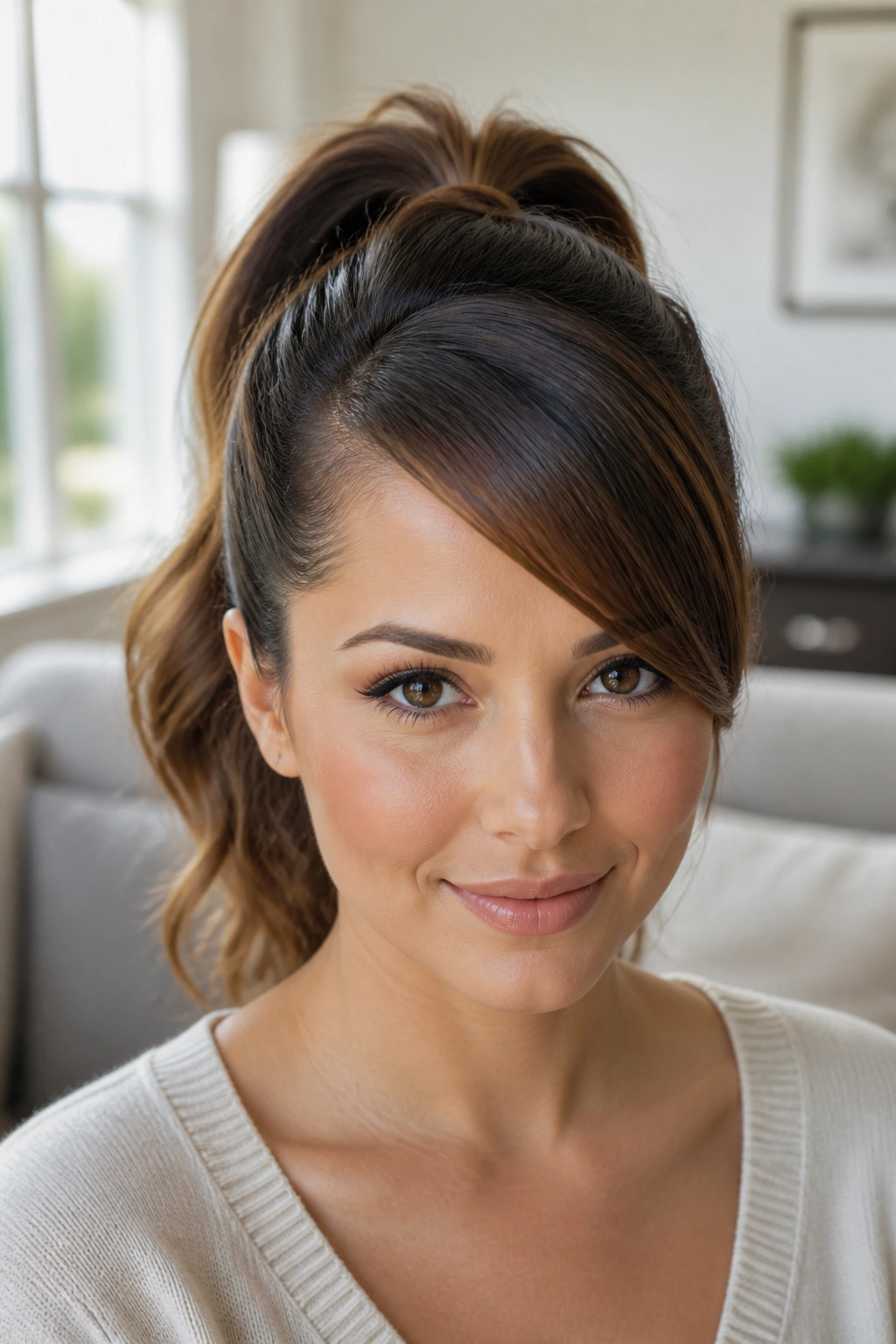 Woman with high ponytail and side-swept forehead fringe