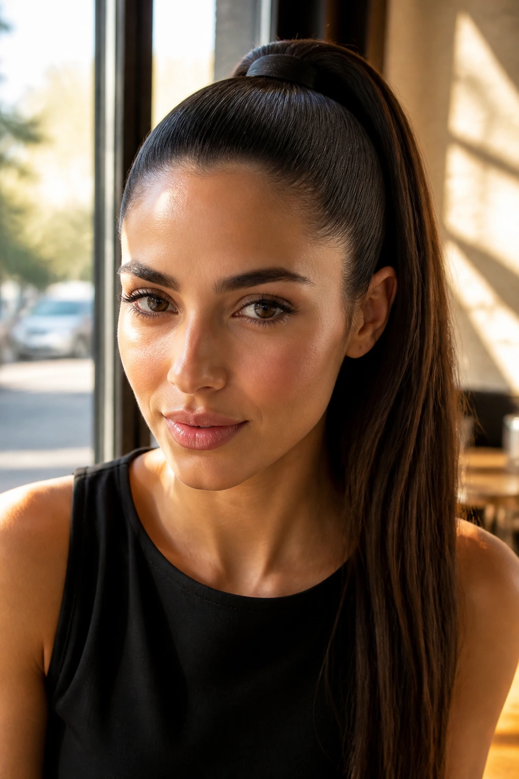 Close-up of a woman with a smooth high ponytail in golden hour light