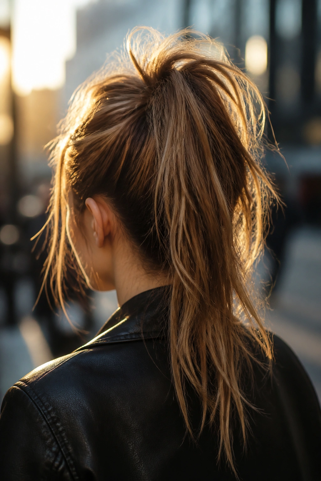 Back-of-head view of a real woman with a high ponytail and pulled-apart texture.