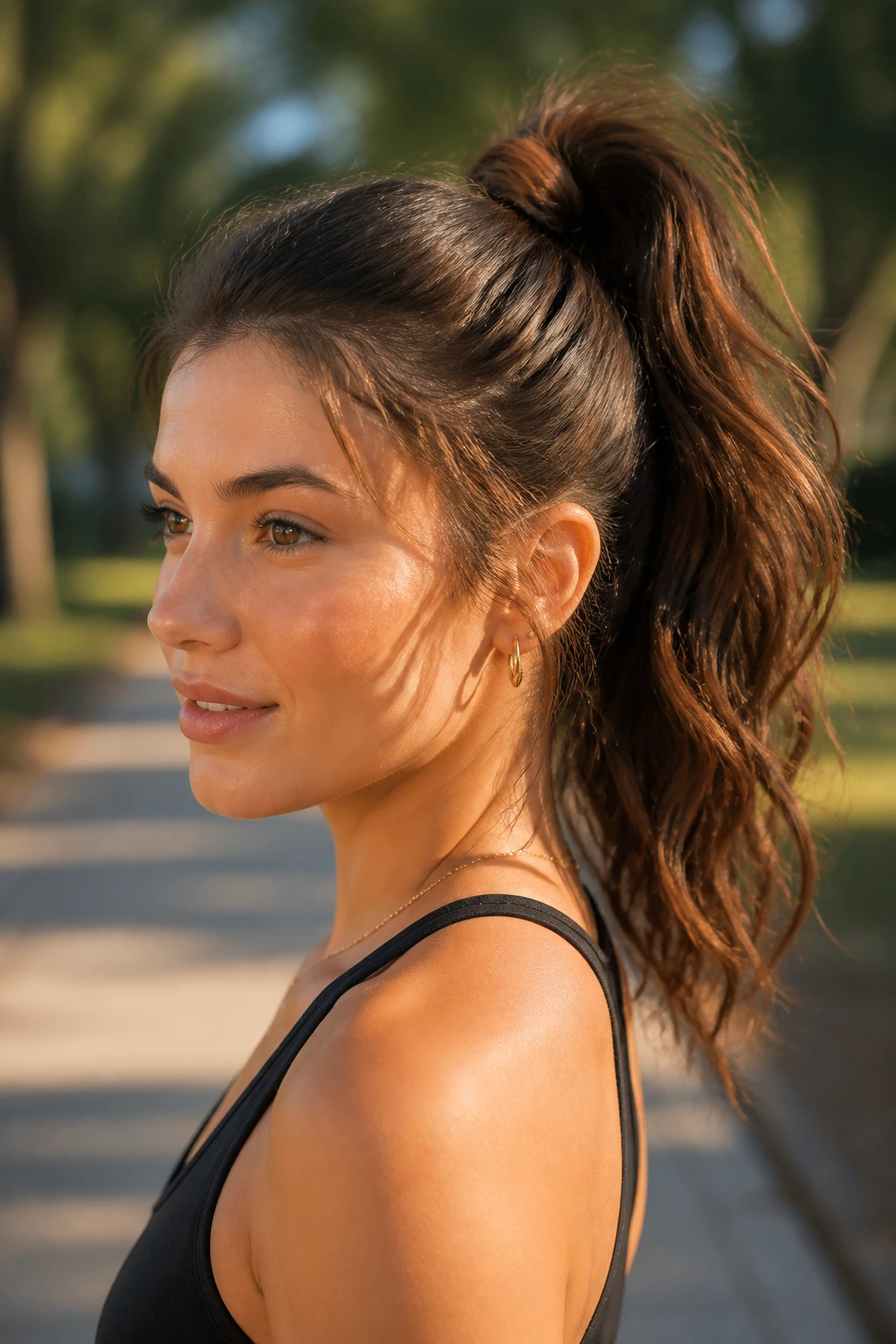 Portrait of a person with a textured high ponytail showing wrapped base and voluminous length