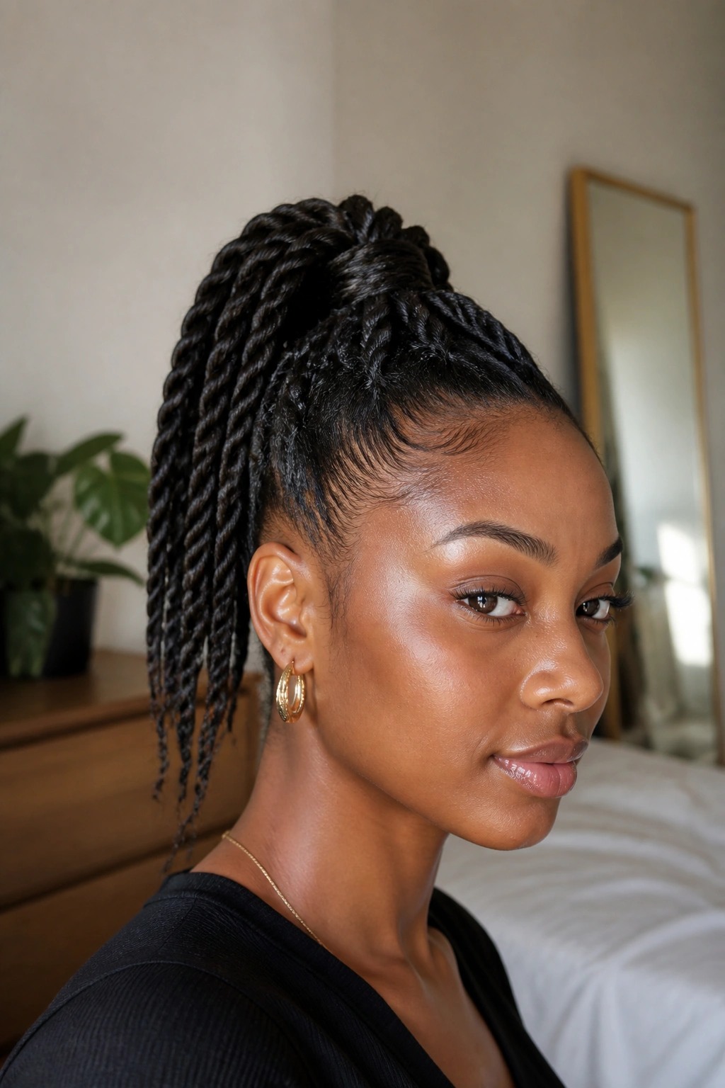 Close-up portrait of a real woman with a high two-strand twist ponytail in soft natural light.