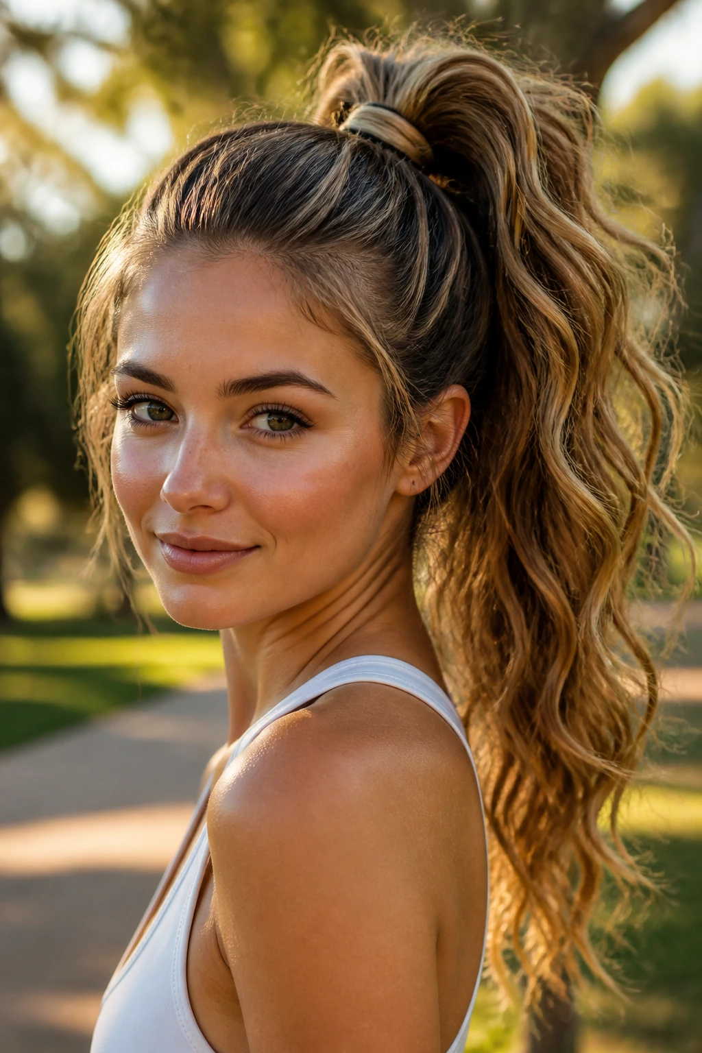Portrait of a real person with a high ponytail showing defined waves