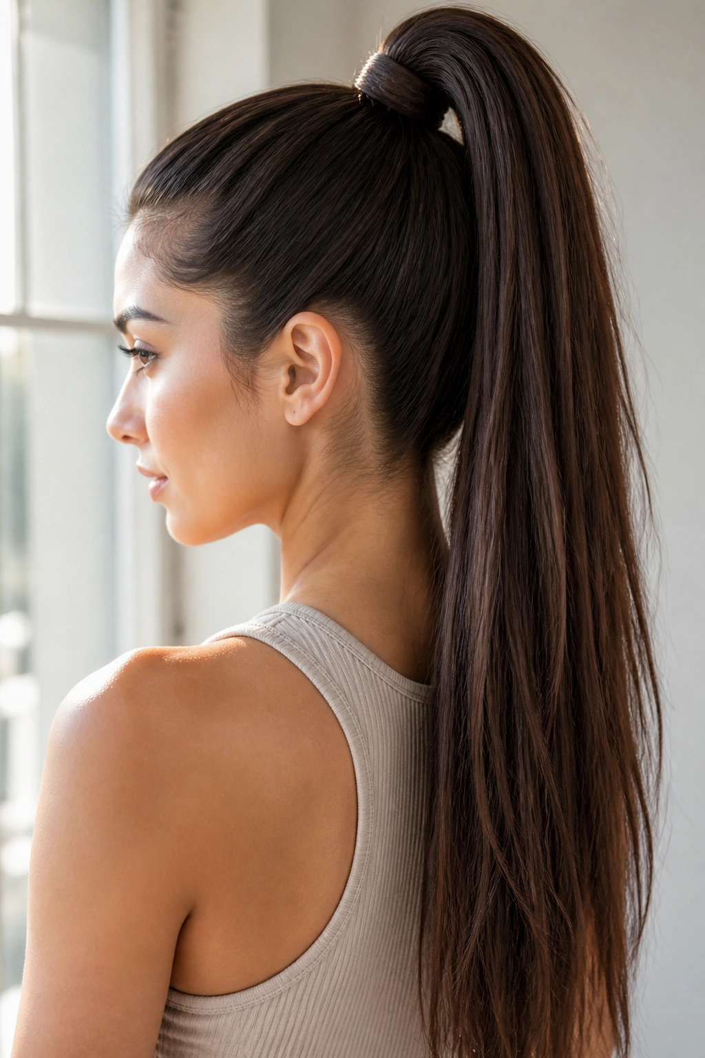 Portrait of a person with a high wrapped ponytail