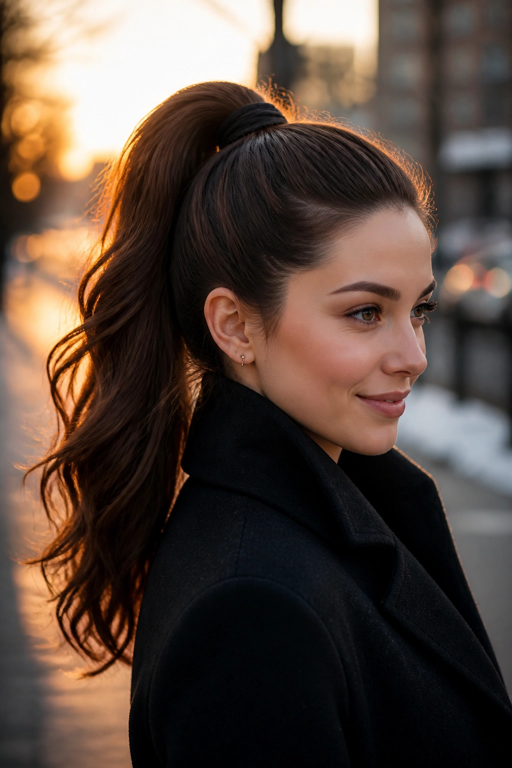 Brunette woman with a high ponytail and wrapped base at golden hour