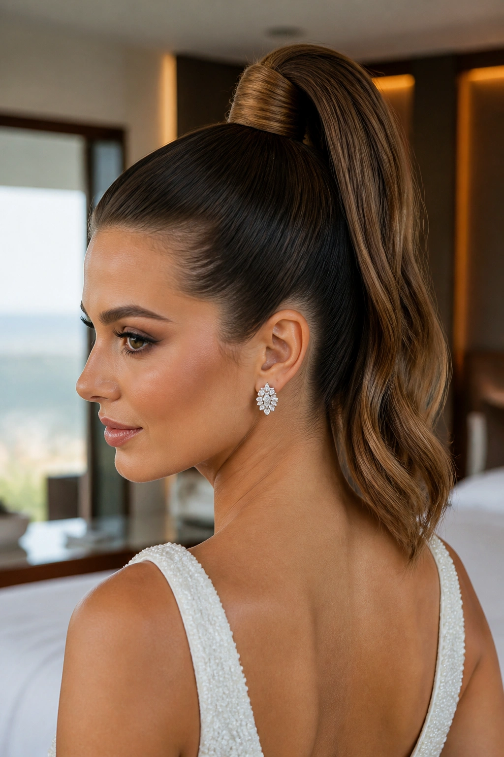 Close-up of real woman with a wrapped-base high ponytail in soft hotel-suite lighting