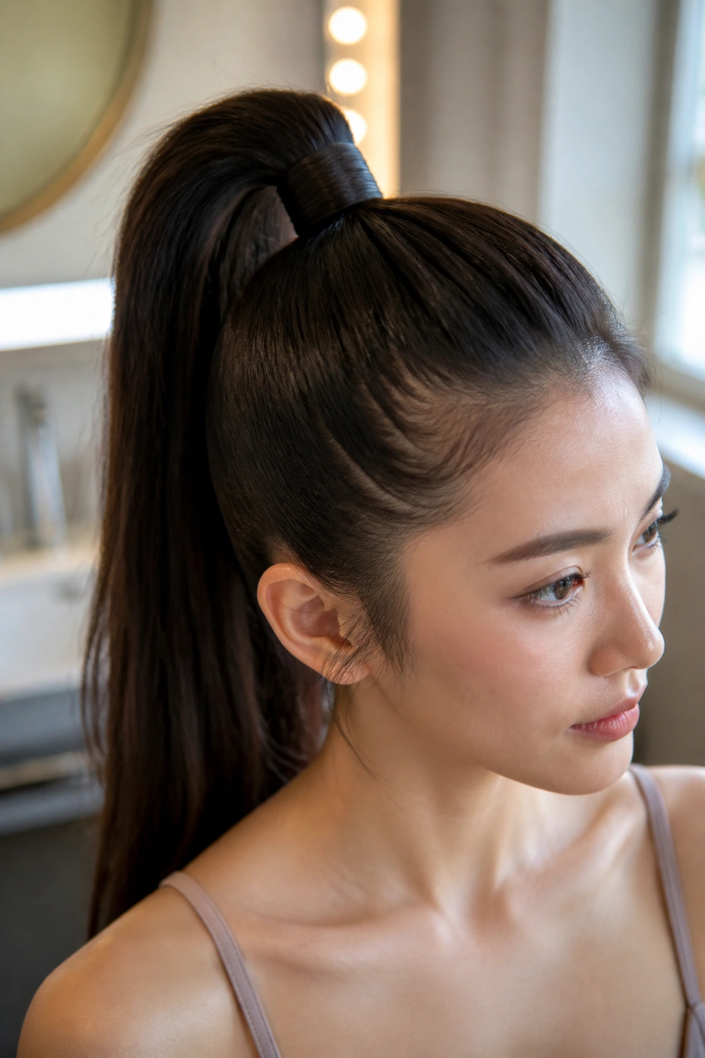 Close-up of a real woman with a high ponytail and wrapped base.