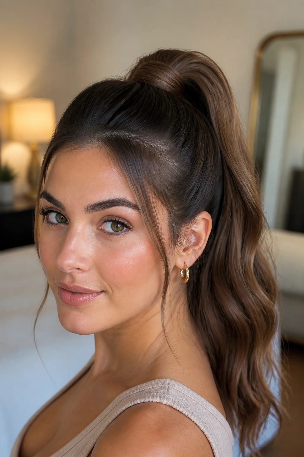 Portrait of a woman with high ponytail and wrapped base hair