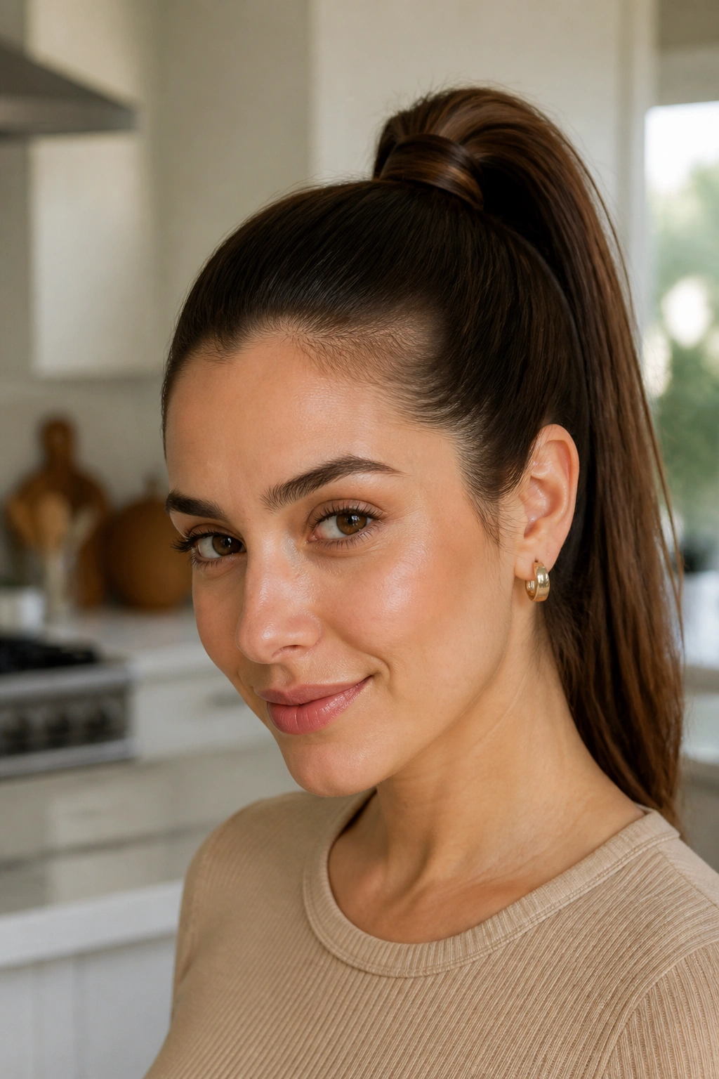 Close-up of a woman with a high ponytail wrapped at the base in bright kitchen light