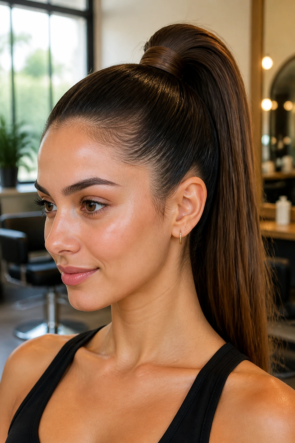 Close-up of a woman with a high wrapped ponytail and exposed neck