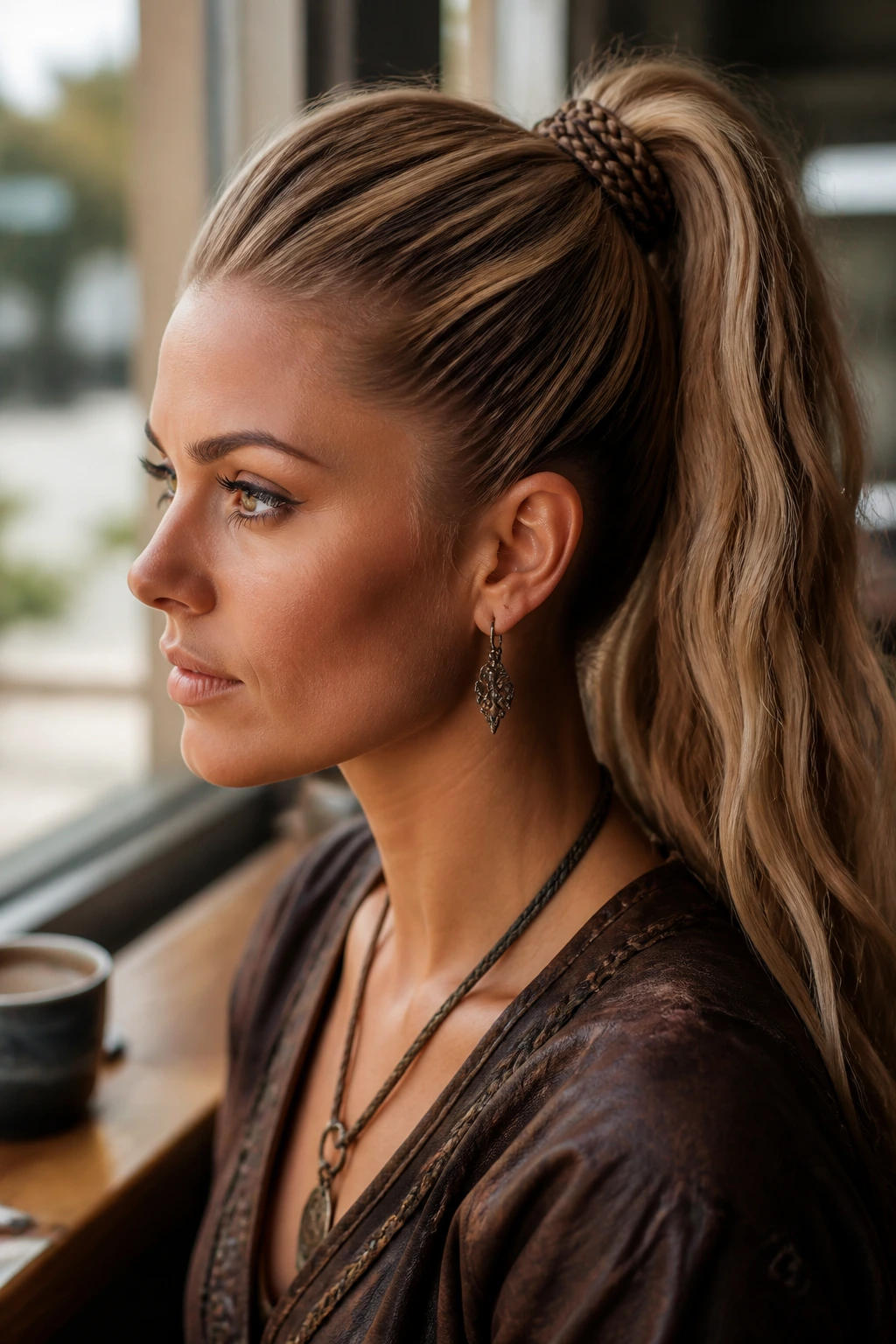 Close-up of a woman with a high ponytail wrapped by a thin braid at the base in a sunlit cafe