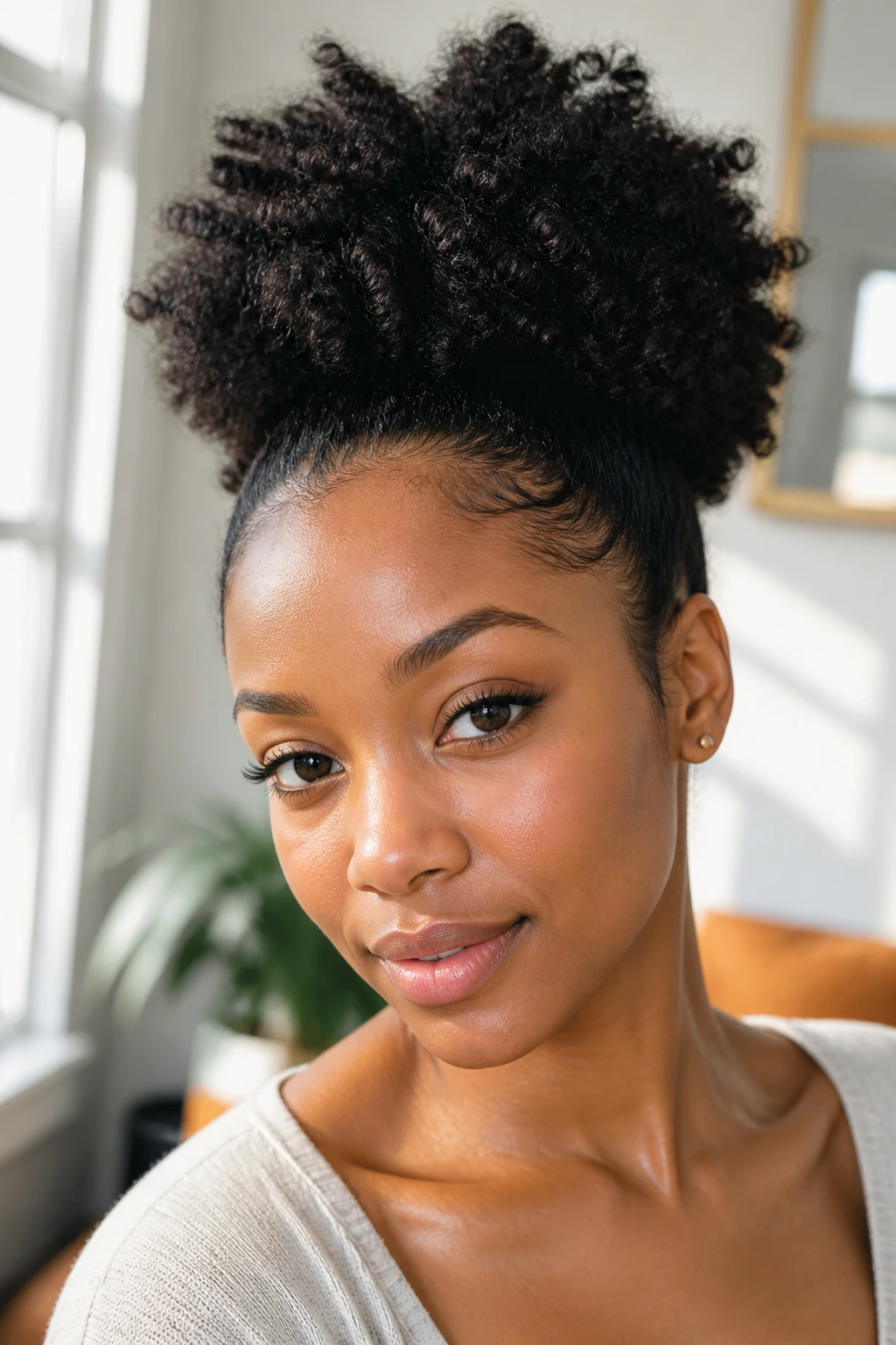 Close-up of a real woman with a high puff hairstyle