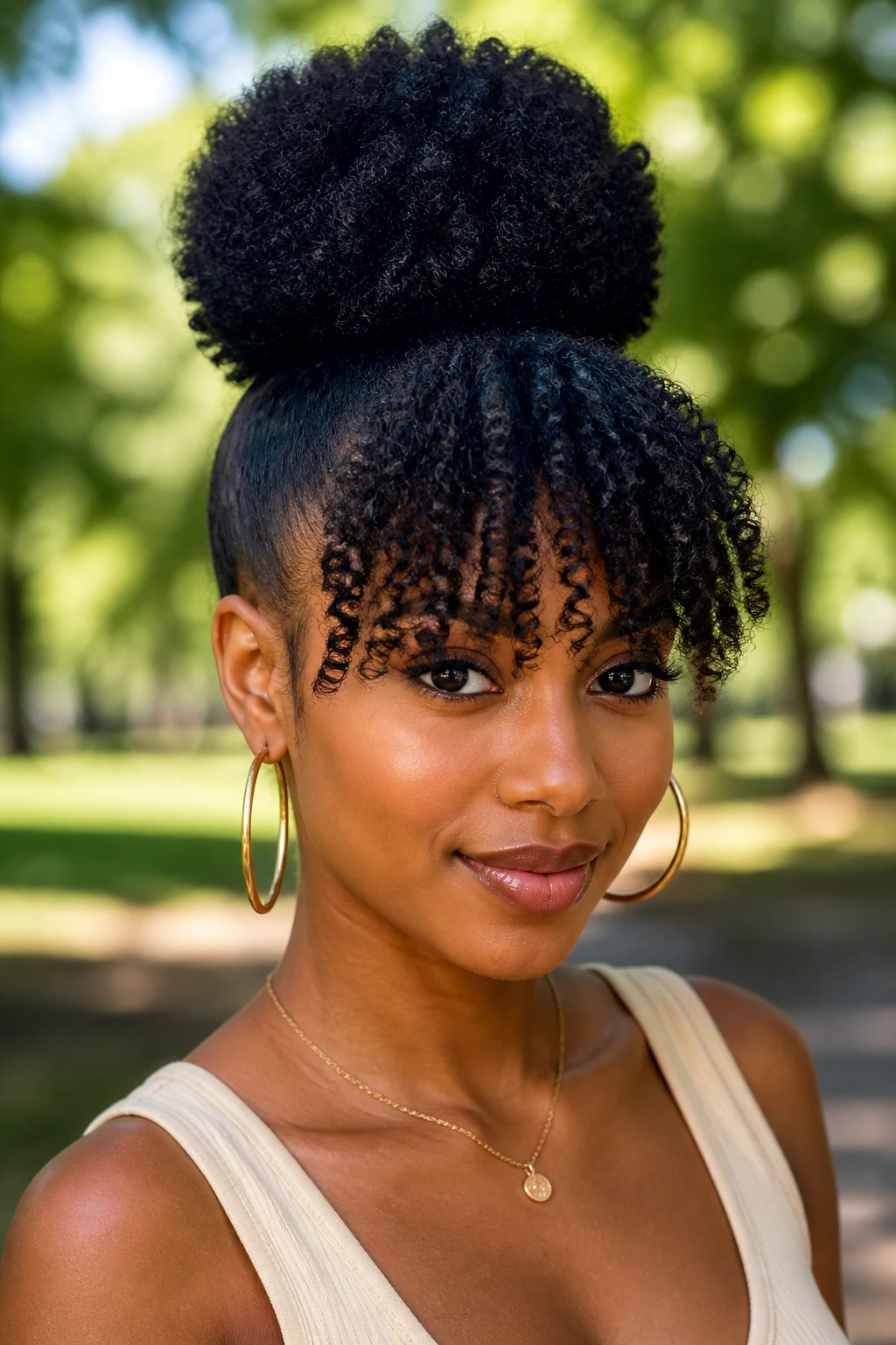 Portrait of a real woman with high puff and bangs, 4C hair