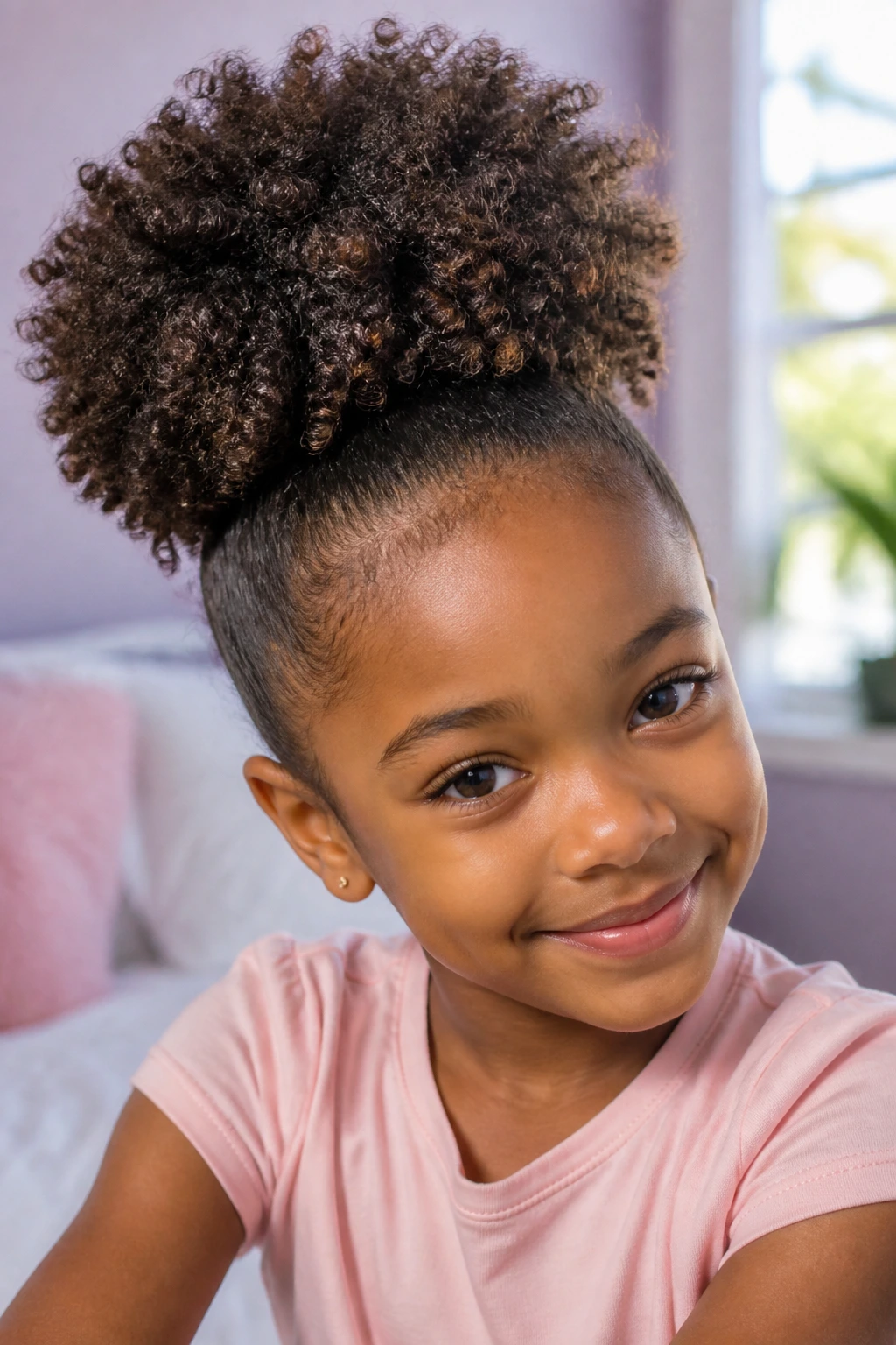 Close-up of a real child with a high puff hairstyle