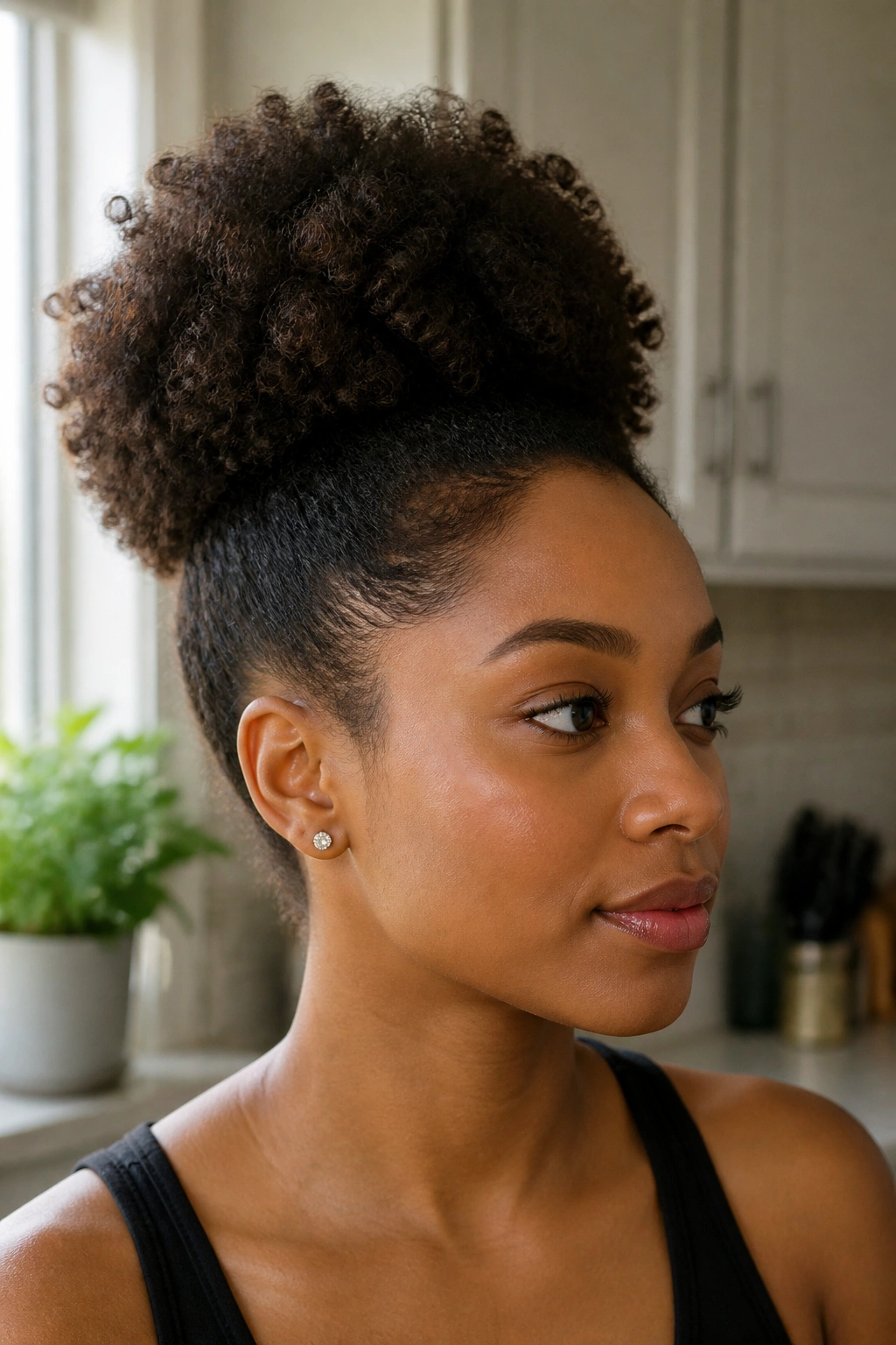 Close-up of a real person with a high puff at the crown.
