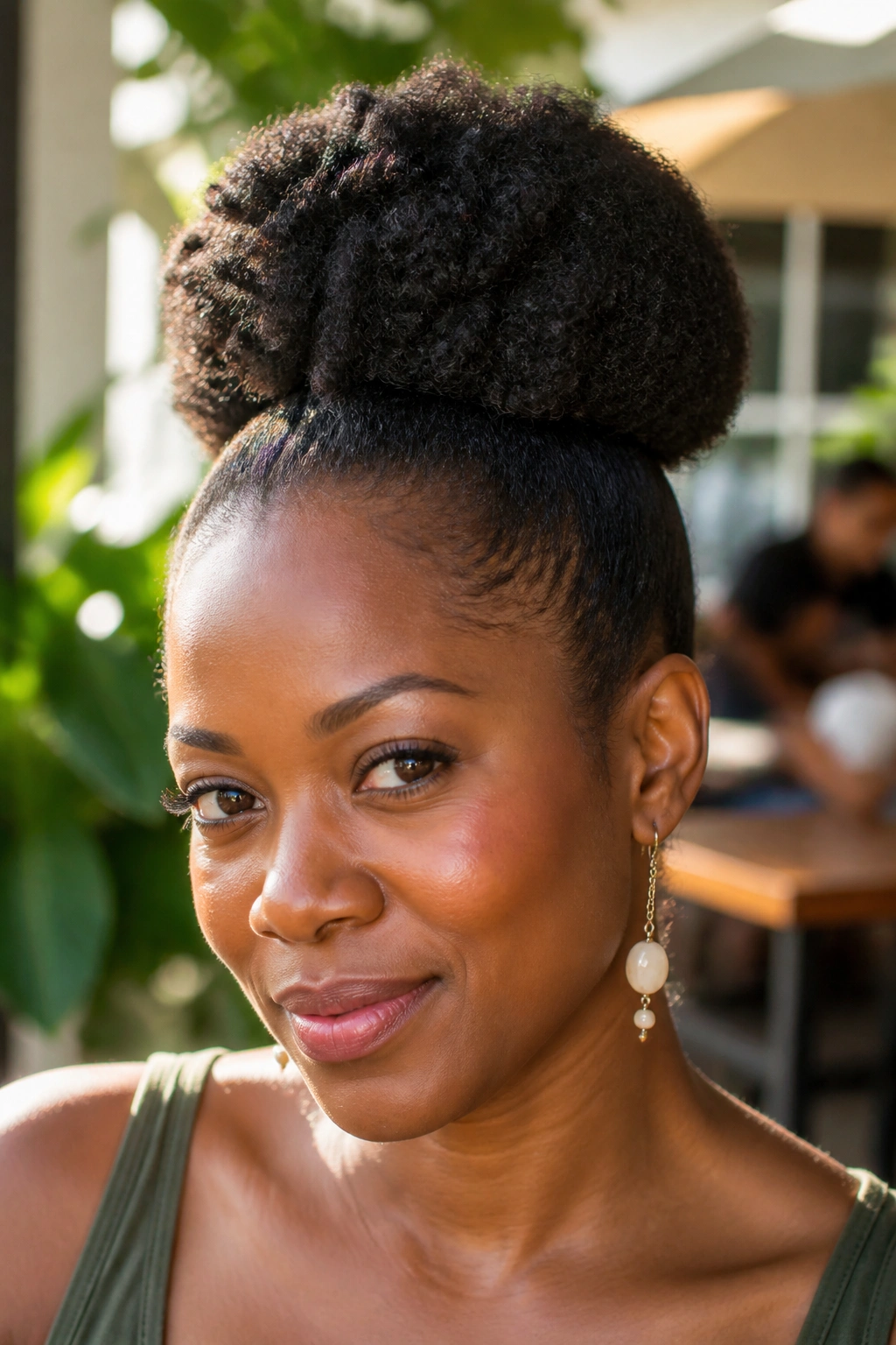 Close-up of a Black woman with a high puff and cuff detail