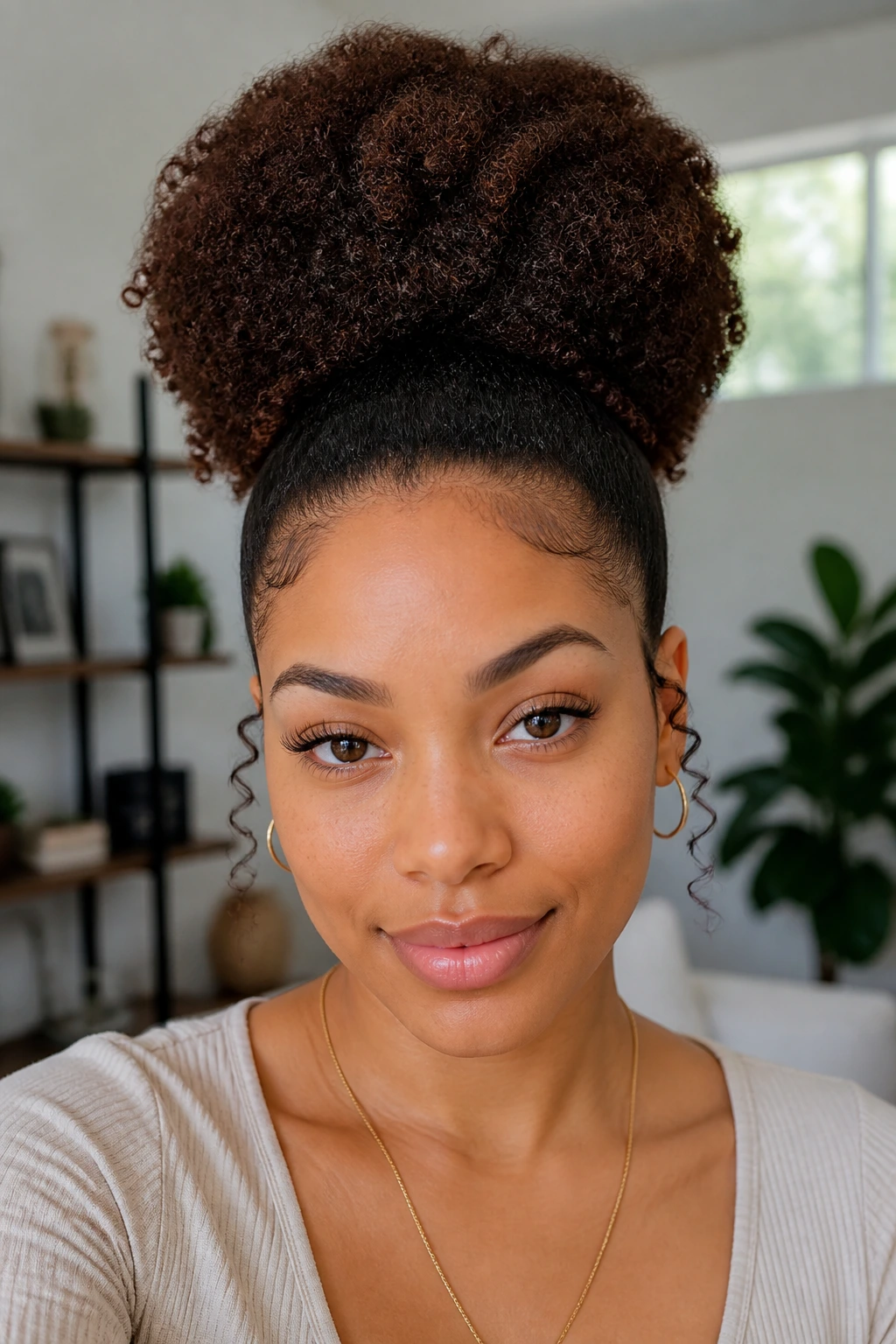 Close-up of a real woman with a voluminous high puff and neat edges