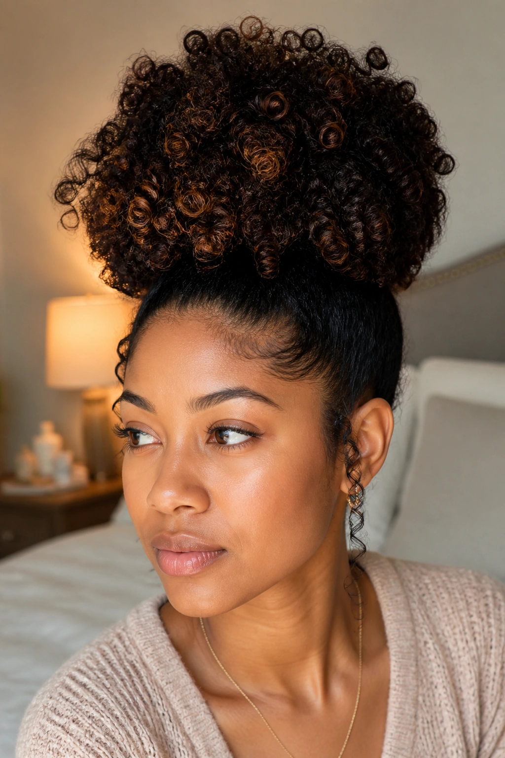 Close-up of a real woman with a high puff hairstyle and crown lift.