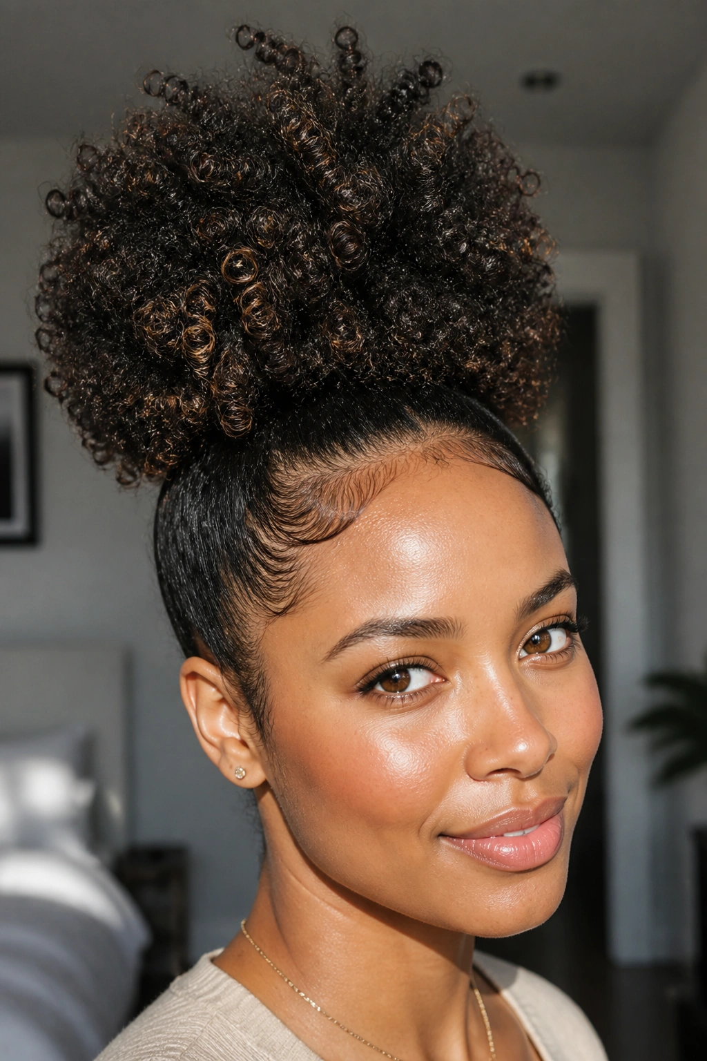 Real woman with high puff hairstyle portrait.
