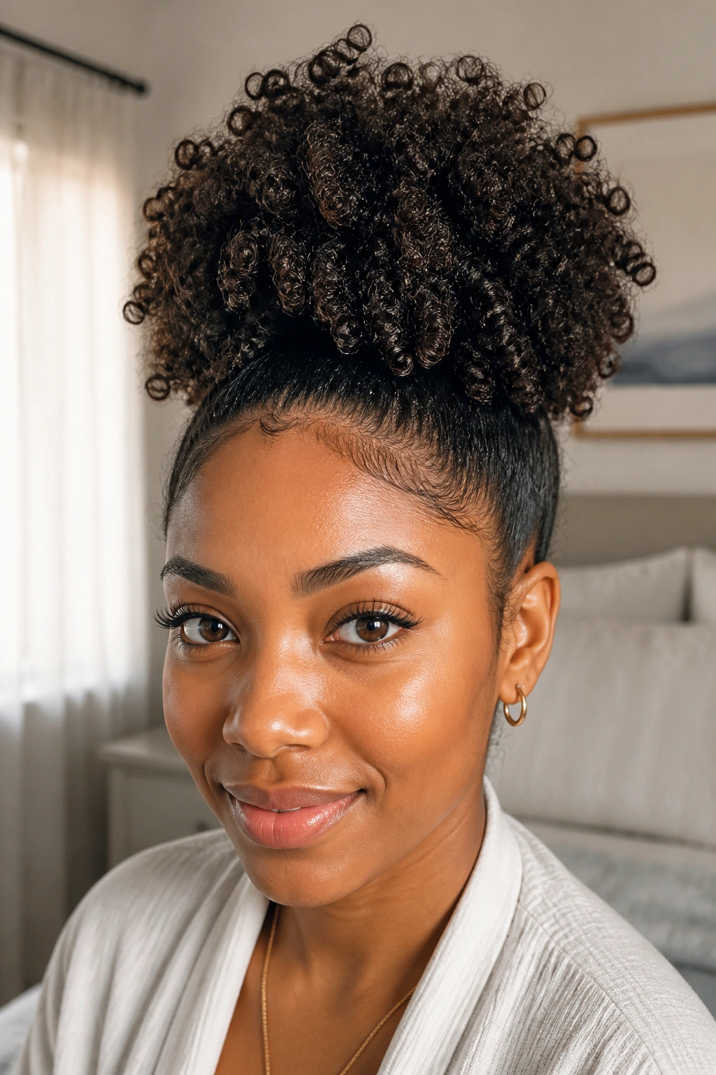 Real woman with a high crown puff and defined curl ends.