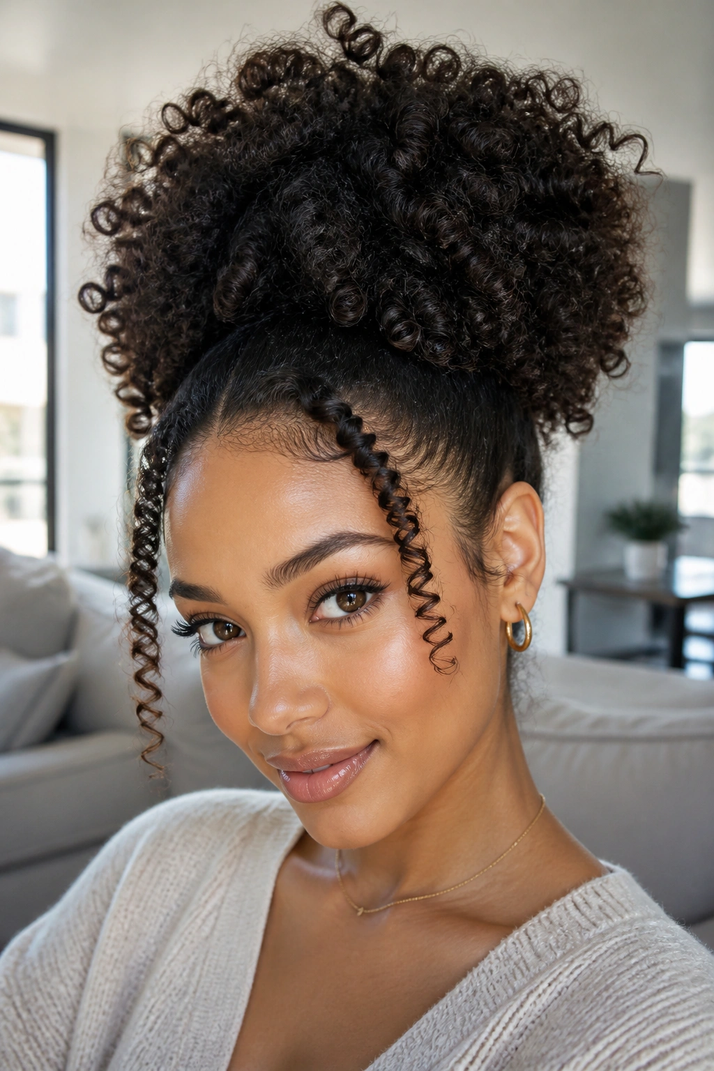 Close-up of a real woman with a high puff and defined front pieces.